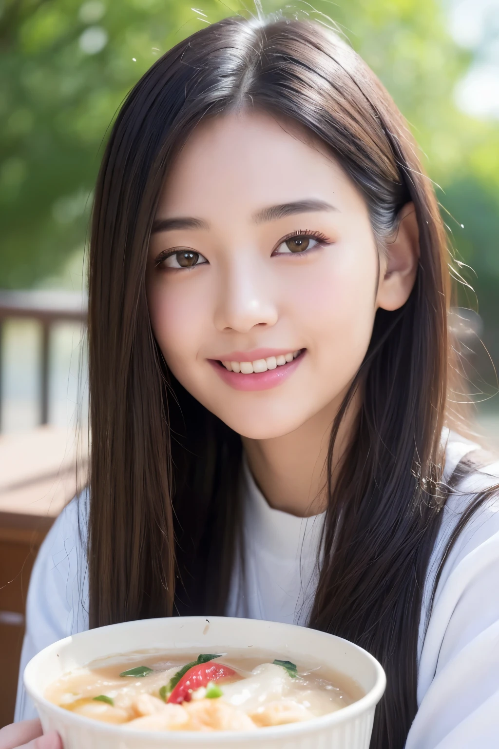 ((top-quality、8k、masterpiece:1.3))、女の子1人、Focused、Adorable beauty with a smile:1.3.Beautiful and ultra-detailed face、beautifully detailed eyes、二重まぶた、Lustrous hair、Sexy face、I'm having lunch
