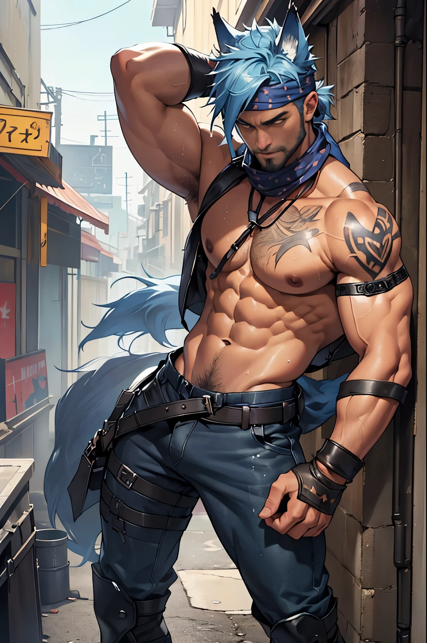 ((deep v-line, cum gutters, iliac furrows,)) punk military devil boy, monster bodybuilder, chest harness, ((wearing big boots)), standing up leaning back, thin waist, hyper muscle, broad shoulders, vascular, big pecs, deep abs, glitter, sparkle, highly detailed face, showing off, flexing bicep, hairy armpits, sweating, dripping, underwear, pants undone, unbuttoned, sultry, alpha male, hyper masculine with short beard, body hair, ((dark tanned skin)), big bulge, short light blue hair, ((has wolf ears)), ((has wolf tail)), sparkly dramatic lighting, glass environment, wearing ripped yellow and black two-tone pants that sit low on his hips, ((he is solo, he is alone)), has ((blue tattoos)), wearing bandana and leather wrist bands, wearing fingerless gloves, very muscular thighs, shirtless