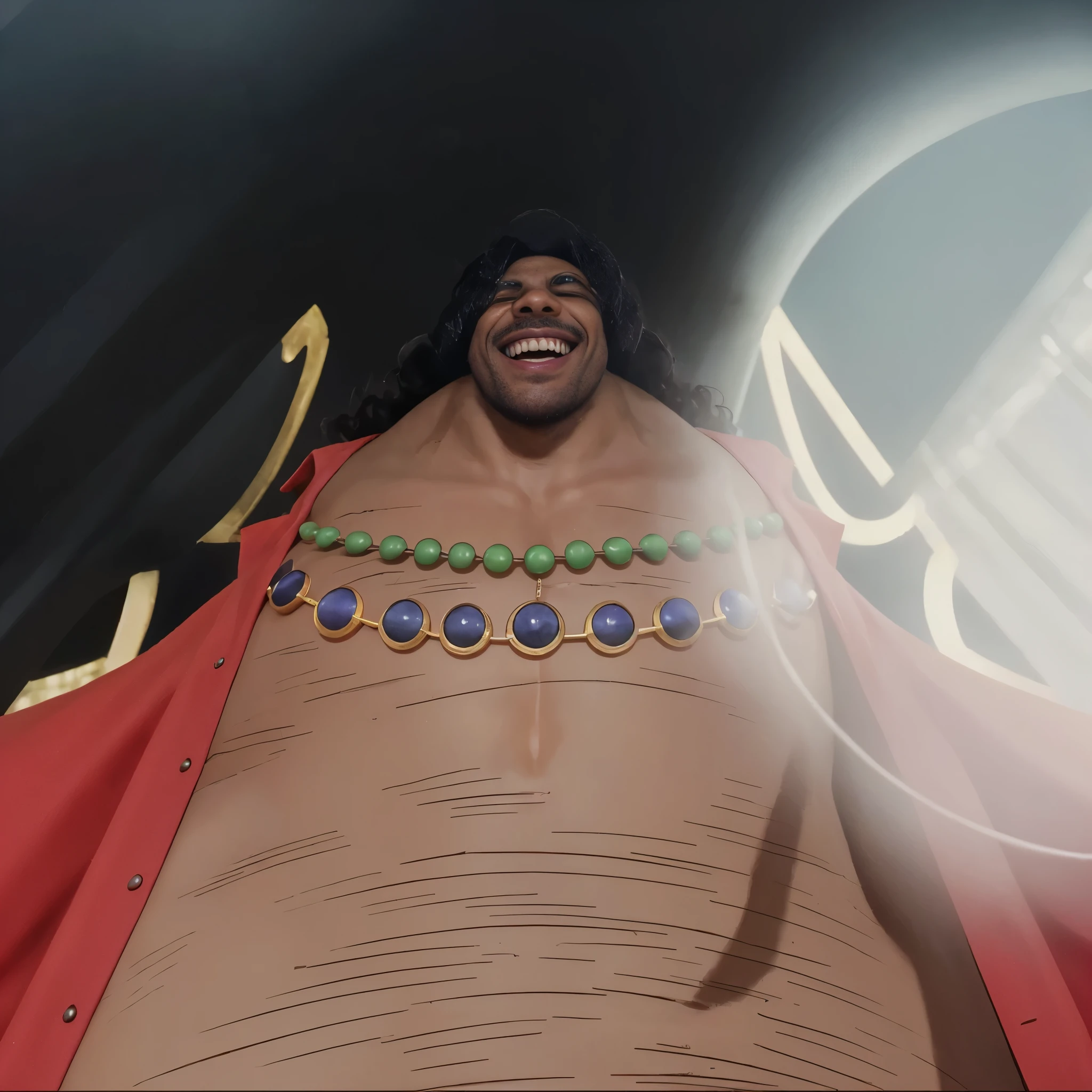 (masterpiece), (realistic), (ultra detailed), ( high reest quality), (photorealistic), (perfect face), (perfect anatomy),(((negro))), man, male, solo, (((40 years old))),  from one piece, marshall D. Teach, one piece, curly hair,  (((his mouth laughs evilly)))