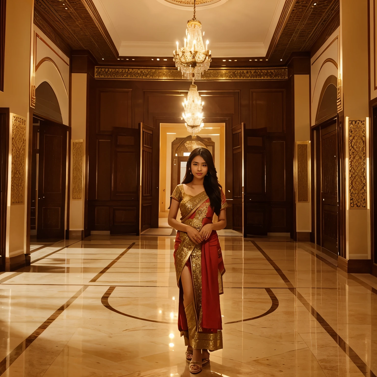 The Thai woman's face was very beautiful. She was wearing a very beautiful Indian princess' dress. She stood in the big and beautiful hall of the beautiful palace.