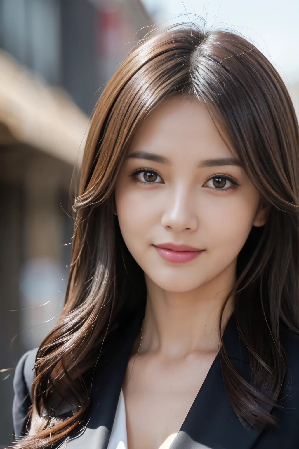 masutepiece, Best Quality, Photorealistic, Ultra-detailed, finely detail, High resolution, 8K Wallpaper, 1 beautiful woman,, light brown messy hair, in a business suit, foco nítido, Perfect dynamic composition, Beautiful detailed eyes, detailed hairs, Detailed realistic skin texture, Smiling, Close-up portrait, Model body type