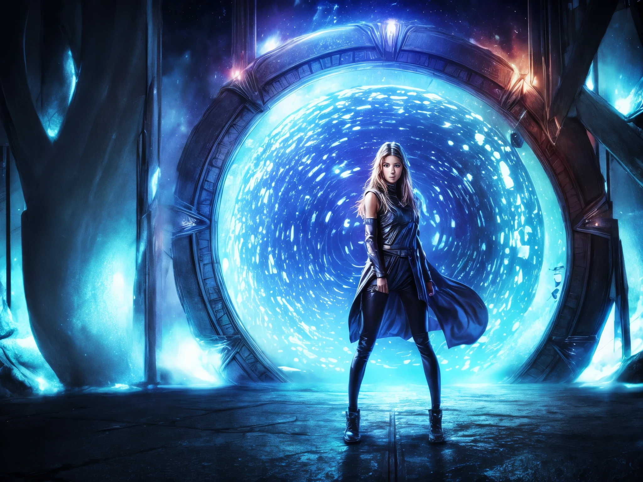 (best quality,4k, highres), Forgotten Gateway of Time and Space, A girl standing in front of the ((stargate)), Inside the stargate is swirling particles and glowing light.