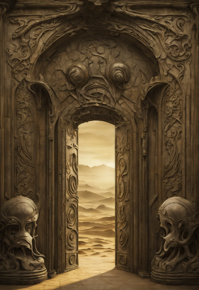 Capture the enigmatic allure of a forgotten gateway that transcends time and space. Emphasize its (mysterious:1.3) presence, (weathered:1.2) architecture, and (intricate:1.1) carvings. Surround it with an otherworldly landscape, (shimmering:1.2) celestial bodies, and (whispering:1.1) echoes. Inspired by the works of (Salvador Dali:1.4) and (H.R. Giger:1.3).