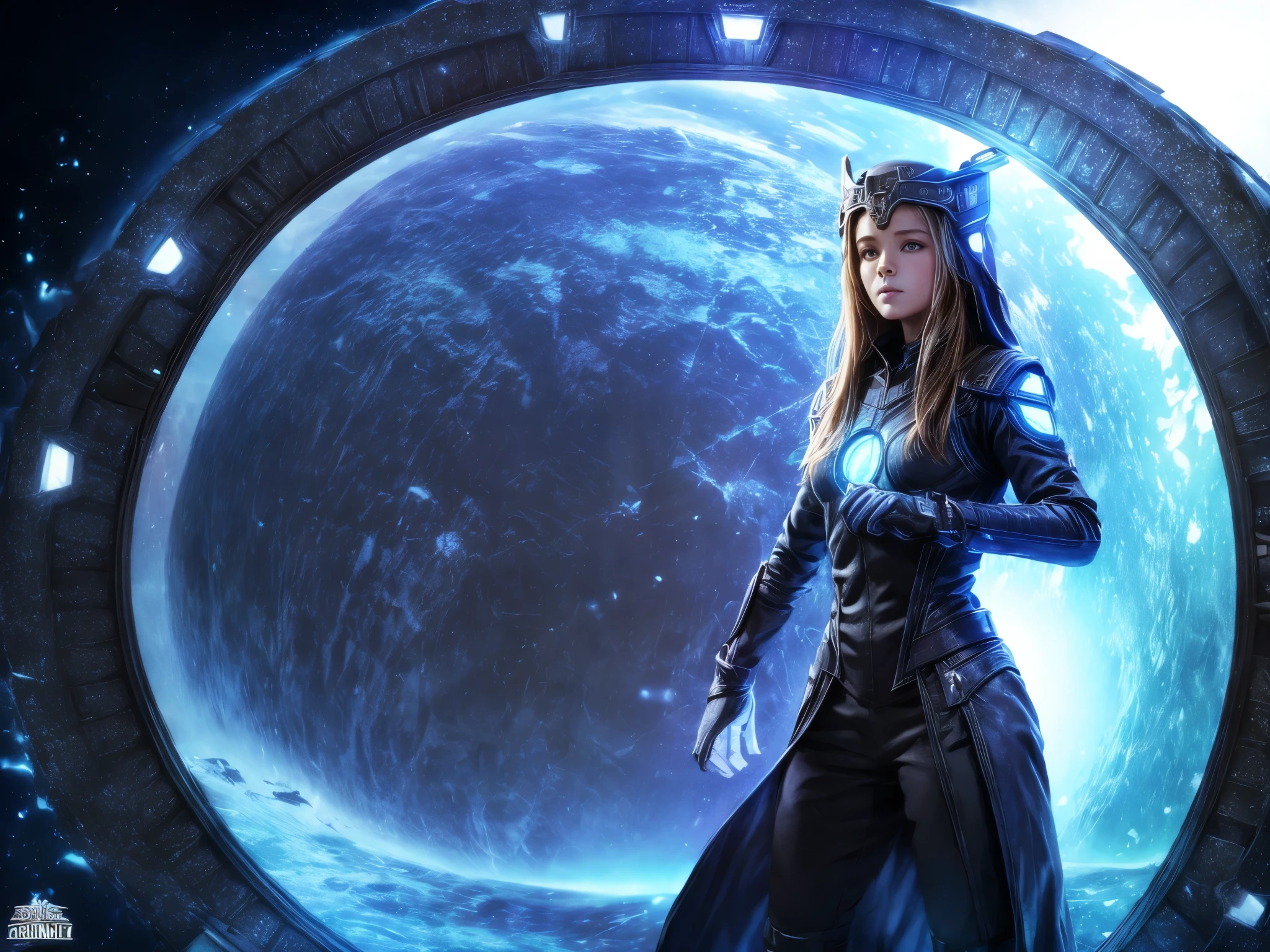 (best quality,4k, highres), Forgotten Gateway of Time and Space, A girl standing in front of the ((stargate)), Inside the stargate is swirling particles and glowing light.