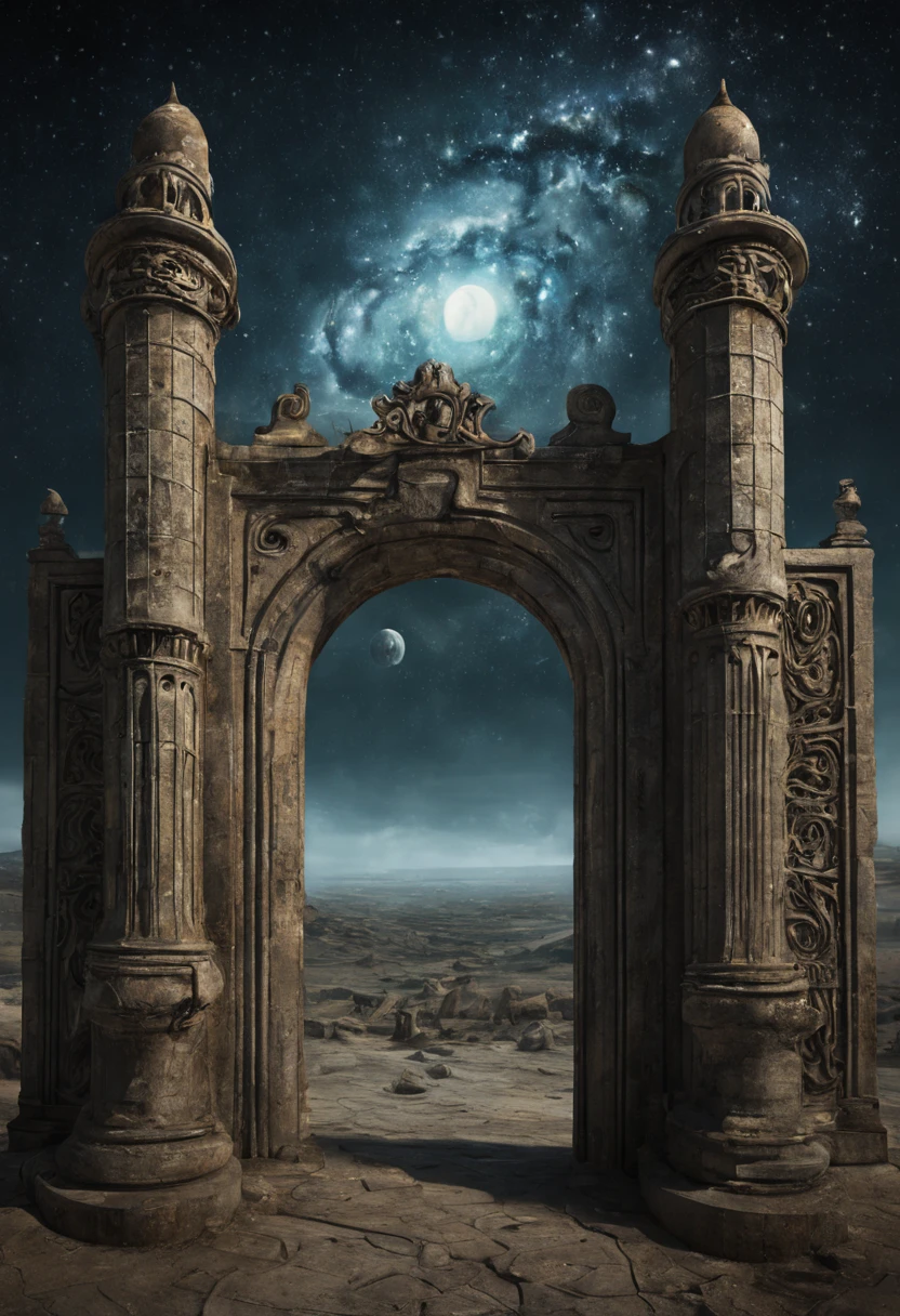 Capture the enigmatic allure of a forgotten gateway that transcends time and space. Emphasize its (mysterious:1.3) presence, (weathered:1.2) architecture, and (intricate:1.1) carvings. Surround it with an otherworldly landscape, (shimmering:1.2) celestial bodies, and (whispering:1.1) echoes. Inspired by the works of (Salvador Dali:1.4) and (H.R. Giger:1.3).