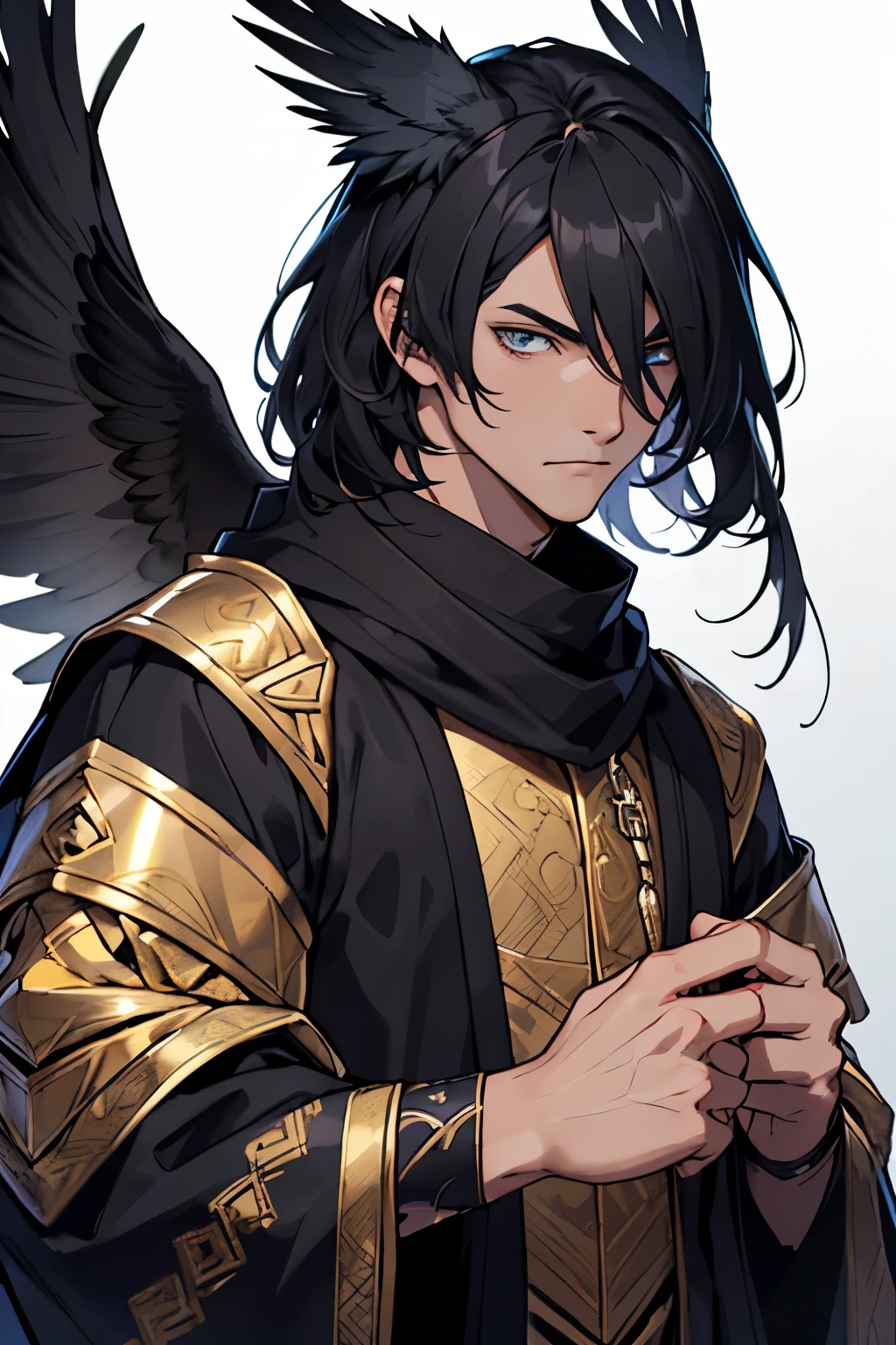 um homem coruja personagem de rpg, com asas de coruja e olhos dourados, its plumage and hair are black with golden details, usa um manto escuro, parece sempre estar ponderando, concentrado e serio, shrouded in mystery