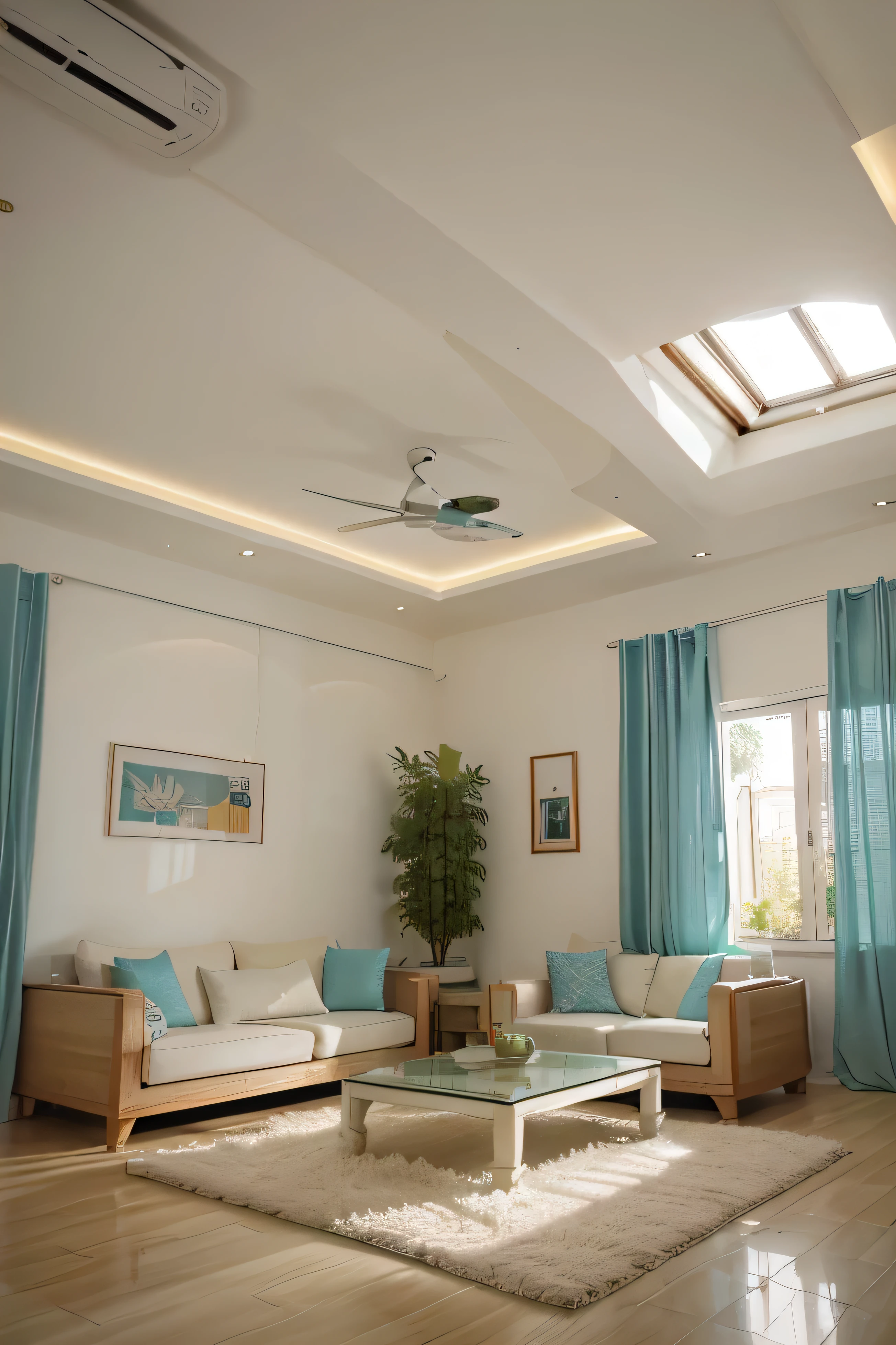 Create a middle class Indian home (flat) living room interior with very low hight white coloured roof and light teal coloured walls, frames on the walls, no windows. no vents at roof.