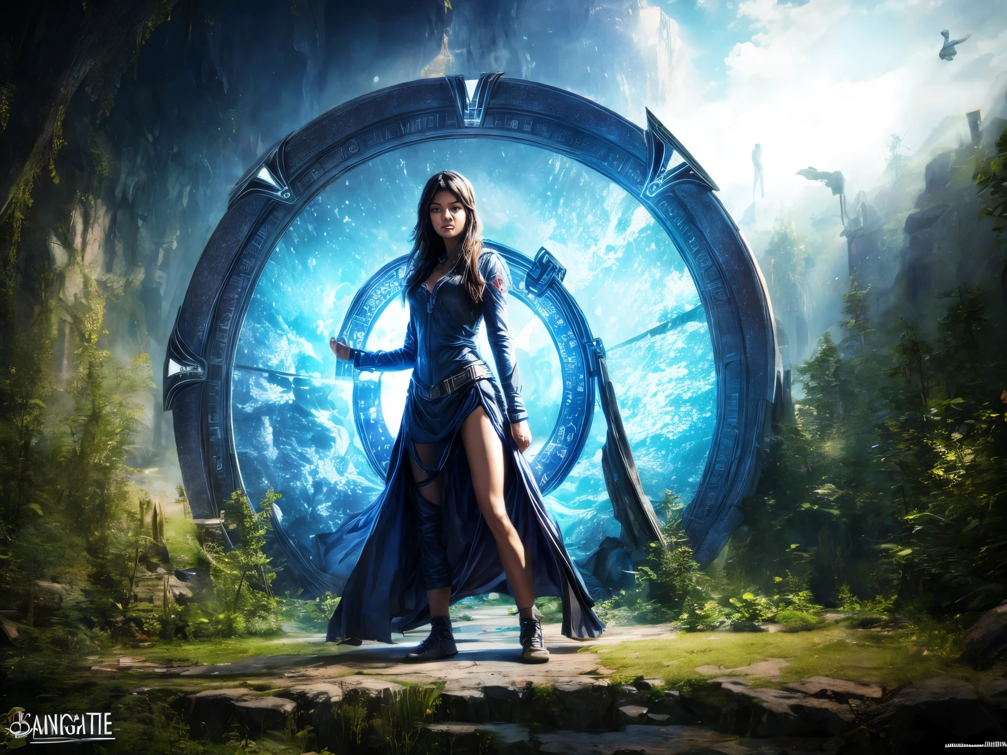 (best quality,4k, highres), Forgotten Gateway of Time and Space, A girl standing in front of the ((stargate)), Inside the stargate is swirling particles and glowing light.