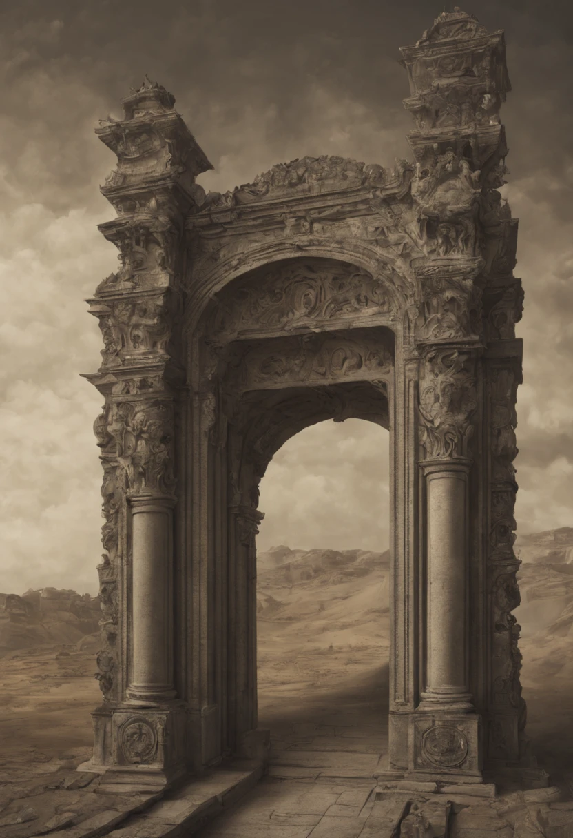 Capture the enigmatic allure of a forgotten gateway that transcends time and space. Emphasize its (mysterious:1.3) presence, (weathered:1.2) architecture, and (intricate:1.1) carvings. Surround it with an otherworldly landscape, (shimmering:1.2) celestial bodies, and (whispering:1.1) echoes. Inspired by the works of (Salvador Dali:1.4) and (H.R. Giger:1.3).