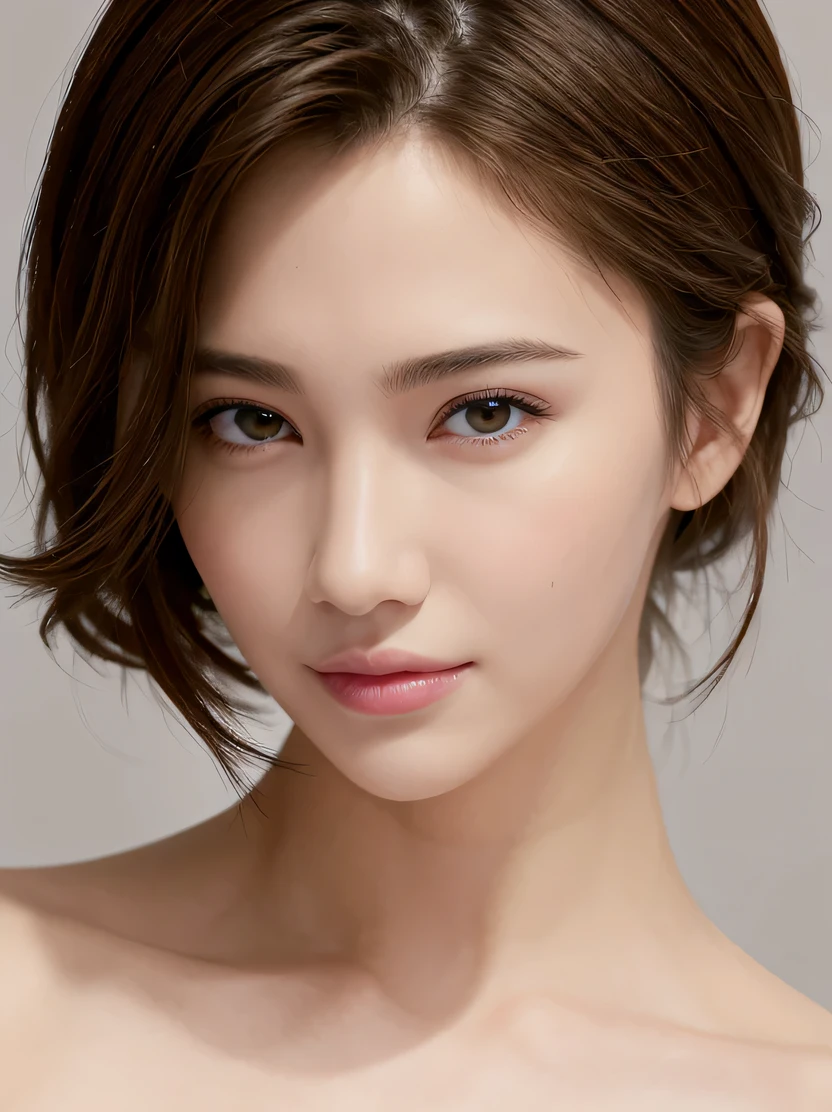 ((masterpiece、highest quality、realistic、Super detailed、High resolution、Photoreal))、high contrast、high color saturation、close-up shooting、Beautiful woman、bust shot、30 years old、(dark brown short-haired) 、realistic female hands、blushing face、((slender body shape、tall beautiful woman))、 (((thin sportswear)))、stand upright、Highly detailed face and skin texture、fine eyes、detailed hand drawn、look at the audience