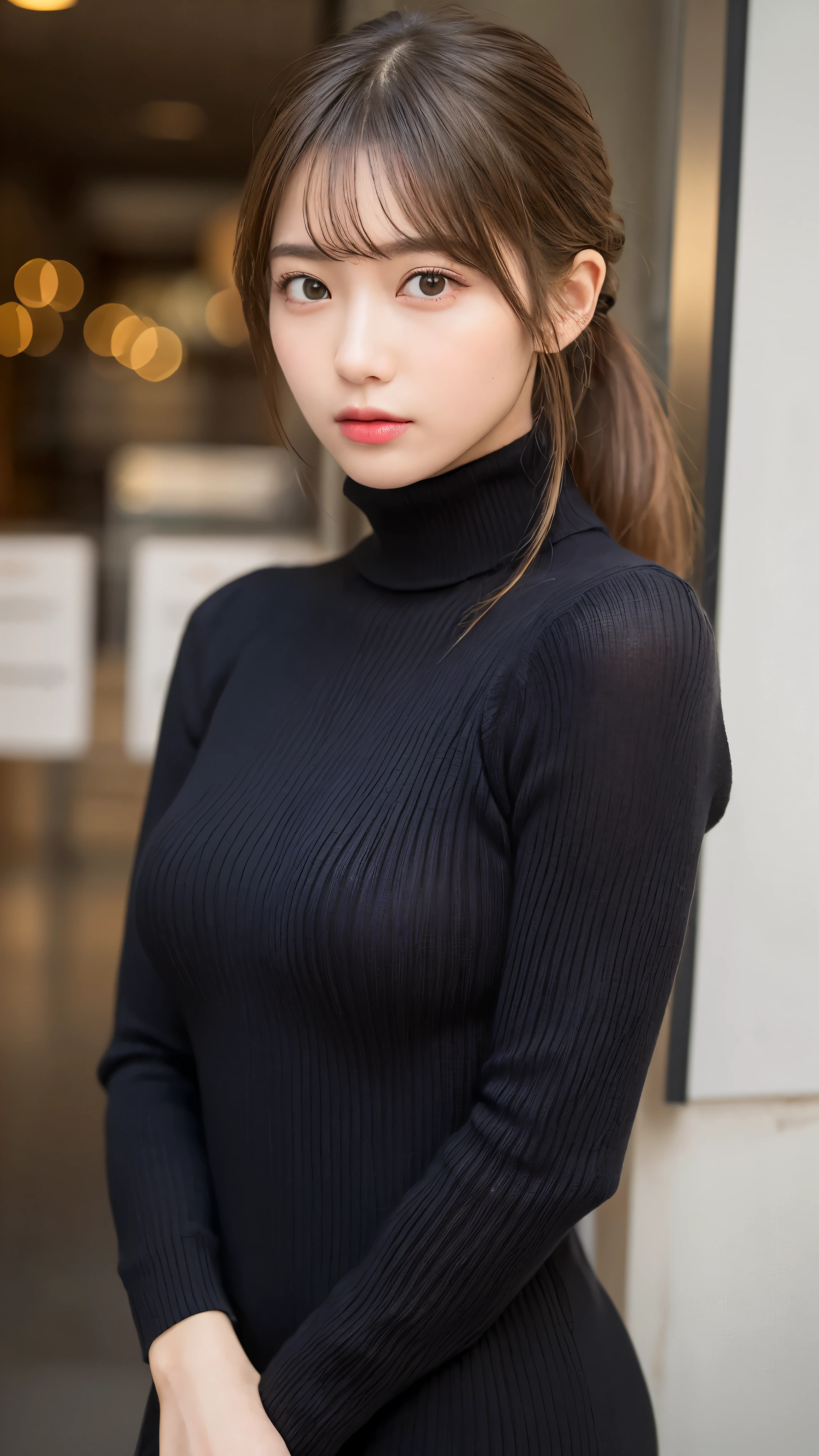 ((NSFW))、(masterpiece:1.5)、(realistic:1.5)、(highest quality:1.4、8K、RAW photo)、 ultra high resolution、professional lighting、perfect dynamic composition、Photographed at a fashionable boutique、 film grain、chromatic aberration、(Bokeh:1.1)、 Frank、Sophisticated、charm、超realistic、high detail、golden ratio、 (1 girl)、slender girl、繊細でcharm女の子、cute woman:1.4、 serious expression、looking at the viewer、sculpture installation、Are standing、light brown hair、shining hair、Hair style is ponytail、 skin that looks real、 close your mouth、fine eyes、double eyelid、thin arms、(She is wearing a black turtleneck ribbed sweater dress.:1.3)
