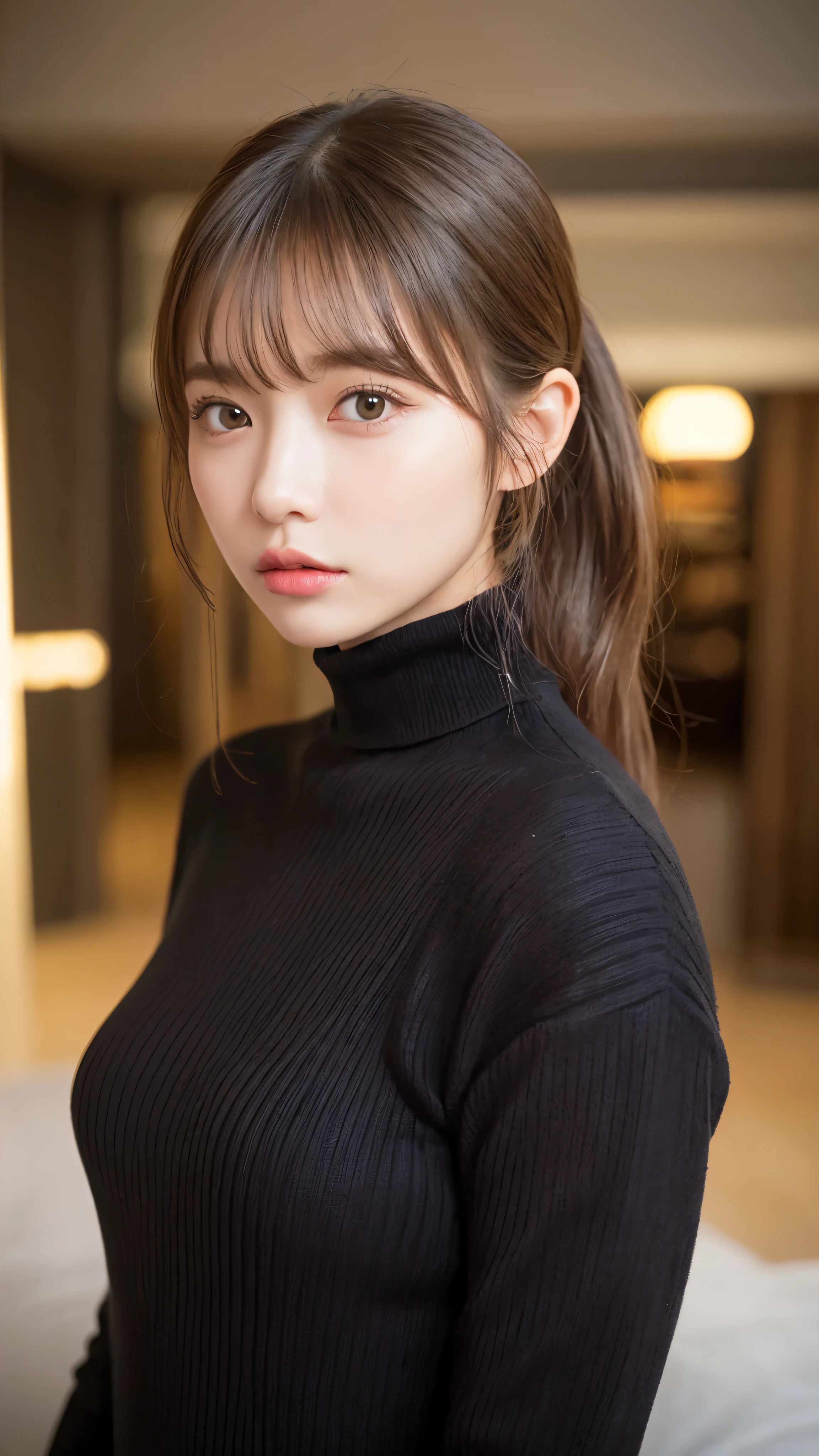 ((NSFW))、(masterpiece:1.5)、(realistic:1.5)、(highest quality:1.4、8K、RAW photo)、 ultra high resolution、professional lighting、perfect dynamic composition、Photographed at a fashionable boutique、 film grain、chromatic aberration、(Bokeh:1.1)、 Frank、Sophisticated、charm、超realistic、high detail、golden ratio、 (1 girl)、slender girl、繊細でcharm女の子、cute woman:1.4、 serious expression、looking at the viewer、sculpture installation、Are standing、light brown hair、shining hair、Hair style is ponytail、 skin that looks real、 close your mouth、fine eyes、double eyelid、thin arms、(She is wearing a black turtleneck ribbed sweater dress.:1.3)