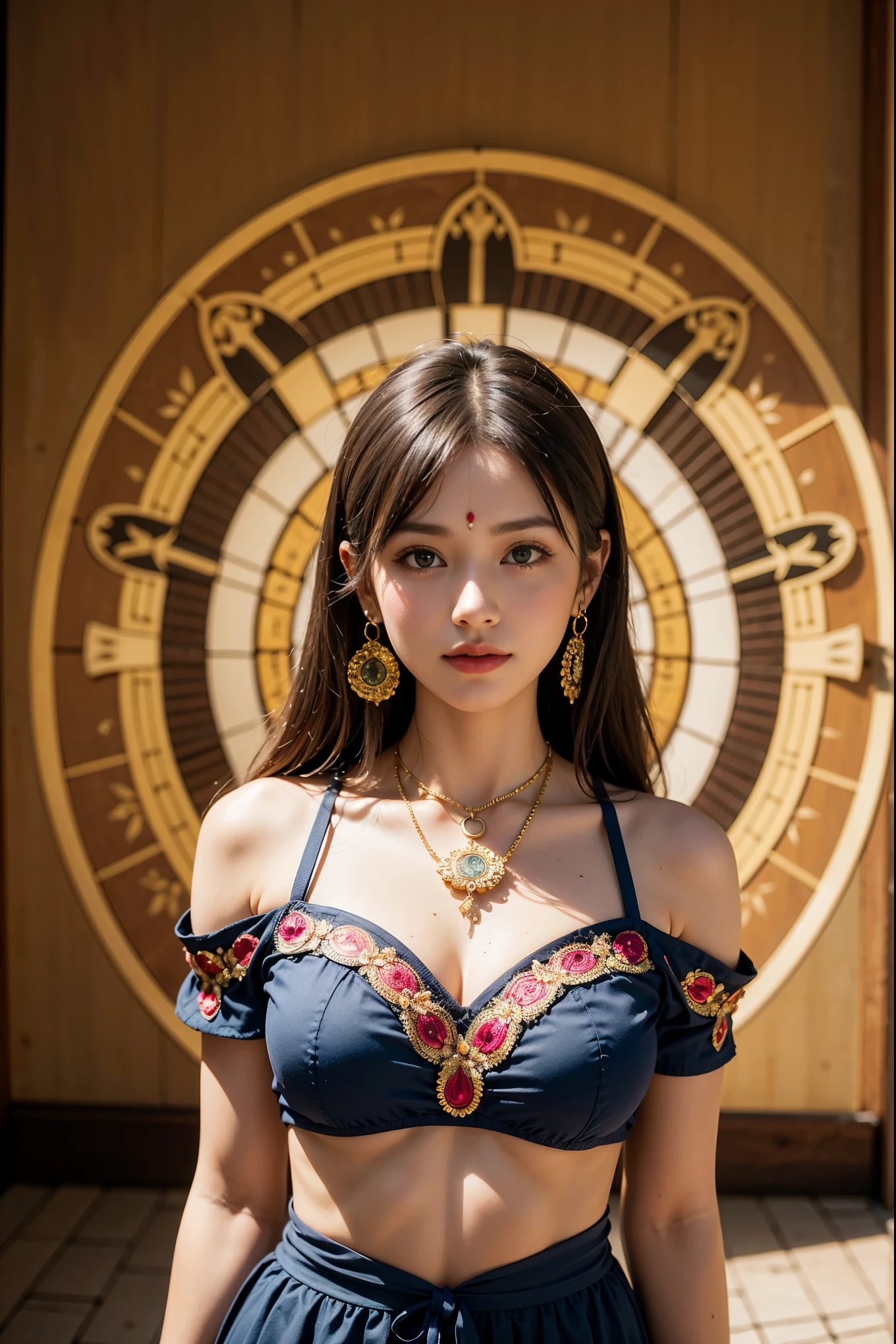 8K RAW photo,Live shooting, highest quality, masterpiece, (Real,Photorealistic:1.37) extreme light and shadow,((upper body photo:1.3)),(alone),3D,((looking at the viewer:1.6)), perfect anatomy, BREAK (beautiful woman in the center:1.3), ((standing pose)),perfect make-up, (big simile:1.2) (pale tone:1.2), beautiful tathagata in a mandala, serene, spiritual, intricate patterns, vibrant colors,BREAK((Mandala Thema:1.3)),((indian folk costume)),((Mandala style earrings),(Mandala style ornament), (Mandala style big pendant)):1.3, lens flare