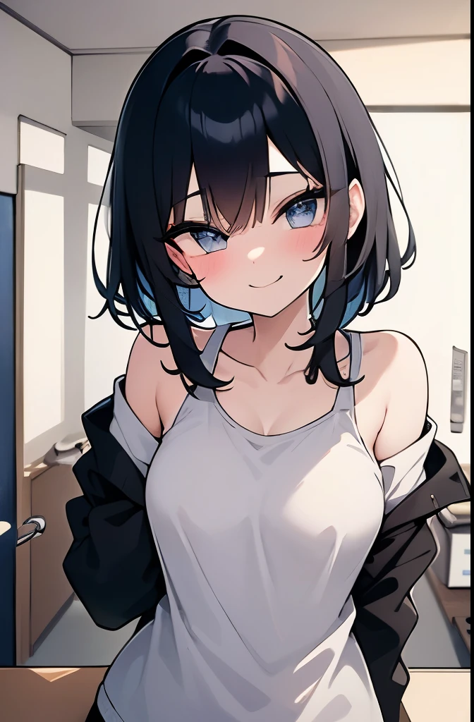 A short girl and black guy, girl wearing a oversized plain pink T-shirt seduces viewer while looking at viewer in the washroom, view from bellow, healthy thighs,
, , (evil smile:1.2), off-shoulder, long sleeve, tan skin, Saucy, blush,
The guy puts his hand on the girl's shoulder,
absurd-resolution, ultra-detailed, best quality, cute illustration,