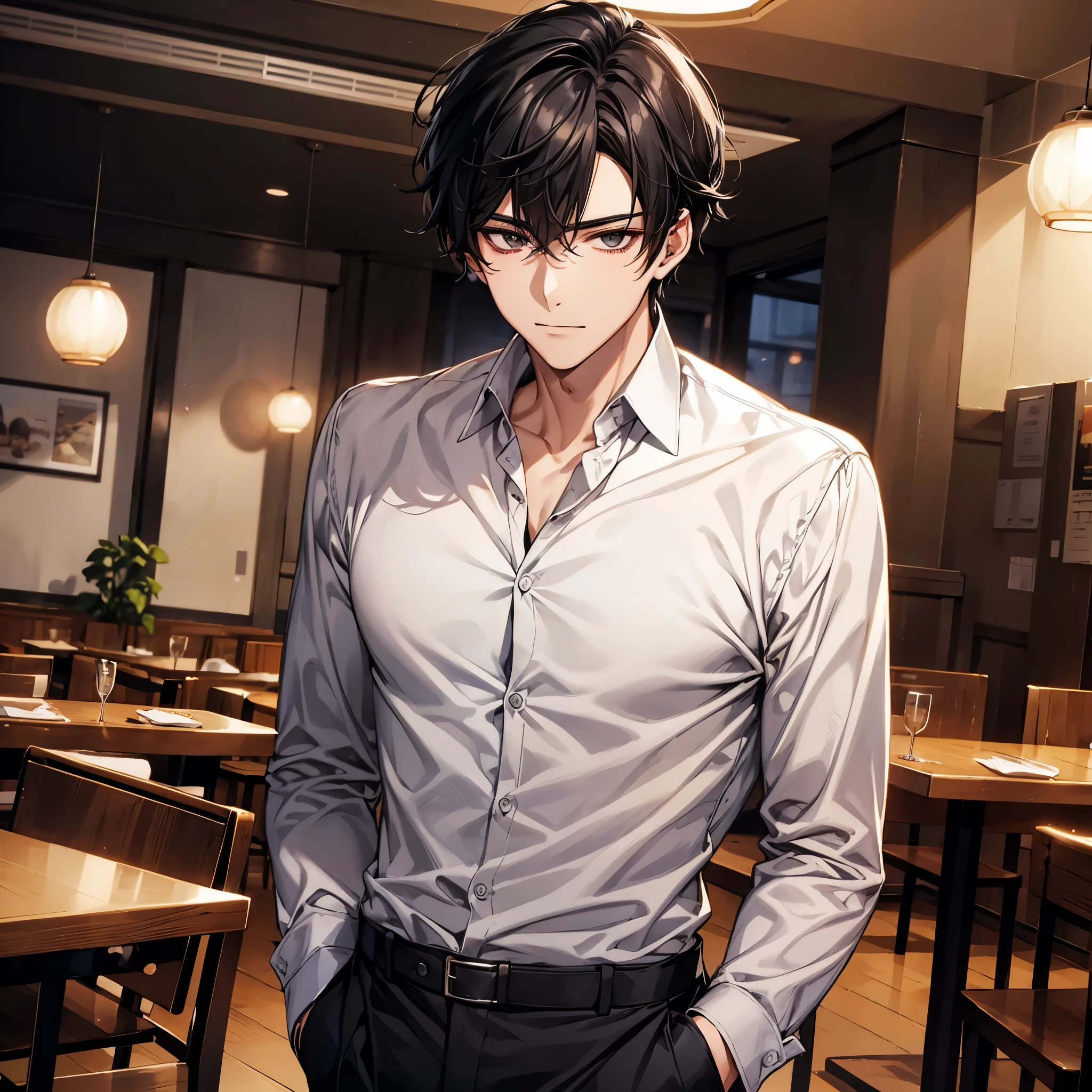 A handsome guy, "Black hair", "Black eyes", "button up long sleeve shirt, "Trouser", looking at you teasingly. restaurant