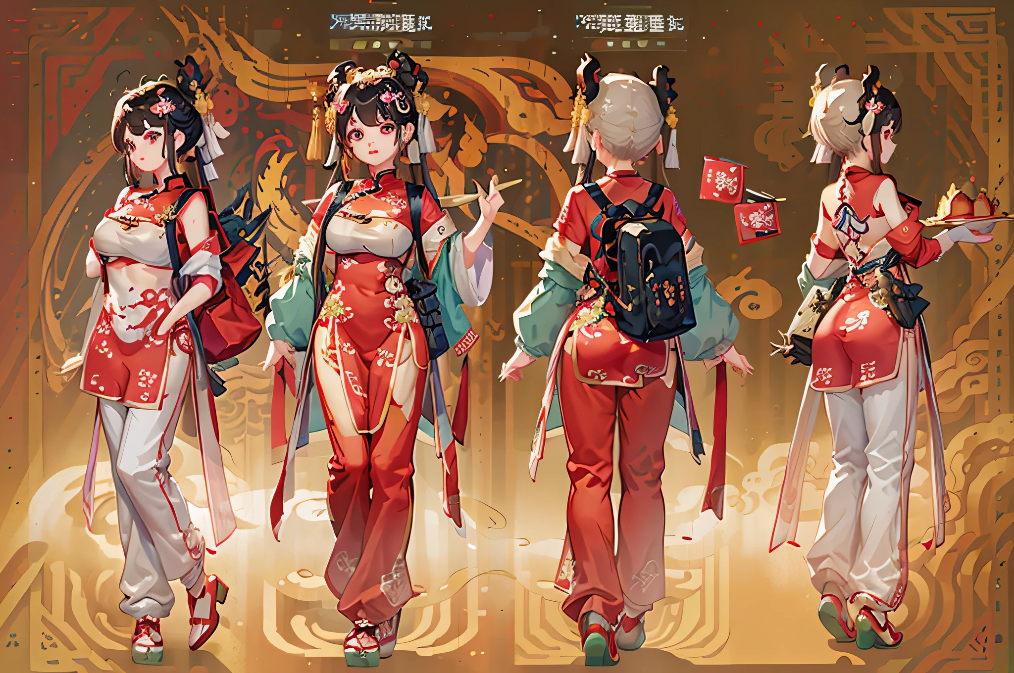 ((masterpiece)), (((best quality))), (character design sheet, The same character is full-body, front, side, Back), (character table:1.3),(same face:1.1),((multiple views)),1 girl,Chinese traditional clothing,Dunhuang costumes,dragon element,,dynamic poses,medieval fantasy,Accessories,(large capacity backpack:1.1),spears,(dirty:1.2),helmet,armor,Pants,young woman,Dunhuang mural background