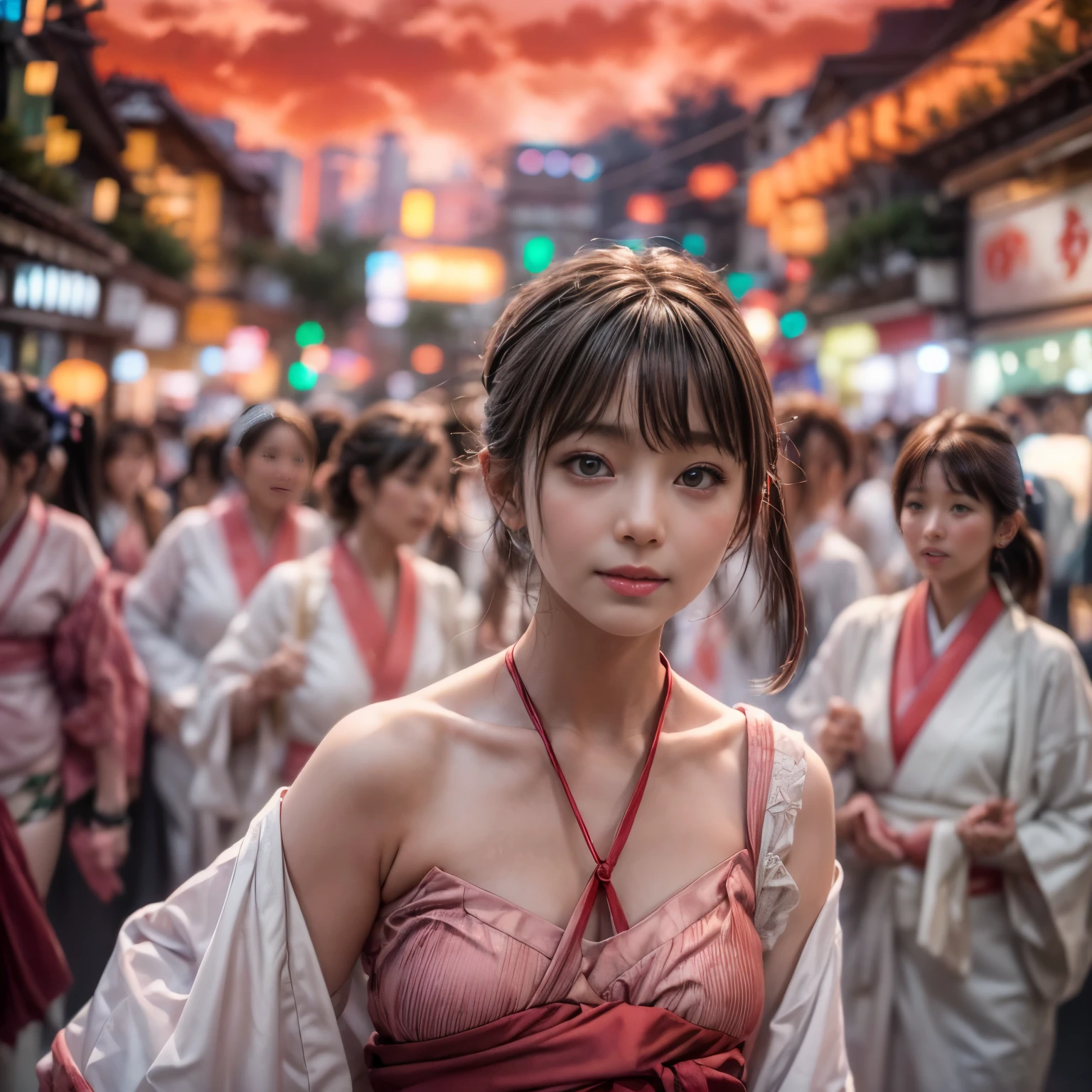 ((bokeH, Acutance:0.85, ultra-detailed:1.35)), (((from below))) . The background is the downtown area at (Twilight:1.4), (((Red-dyed clouds above hed:1.3))), { The Sky takes up more than third of the composition | (many colorful Lights:1.2) | lens flare | Burning | Haze | (luminous Particles) | Mystic sight | God rays | Lightning }, { Underboob | Oiled ivory skin | Systemic:1.2 } . (Masterpiece:1.2) of professional Analog photo with Hasselblad, (((realistic and photorealistic with touch of rawness:1.37))) . ((( A group photo of KAWAII girls in WHITE Fundoshi, at Hakata Gion Ymakasa Festival ))), ((Extremely detailed KAWAII face variations)) . Assfocus with looking ahead .