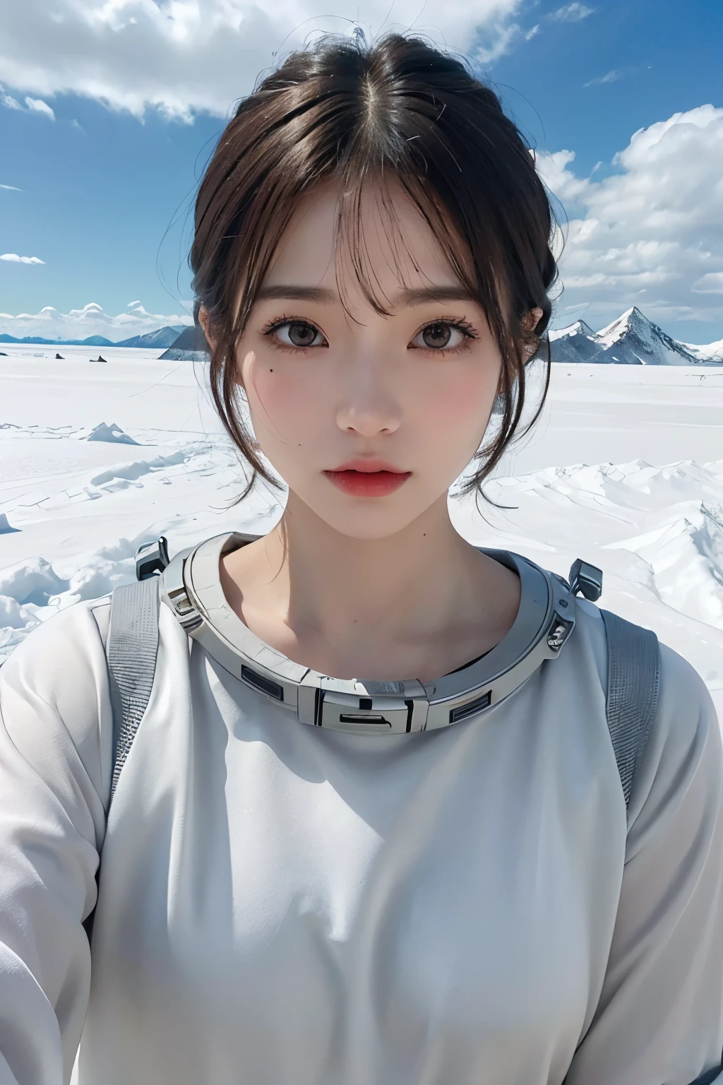 highest quality、masterpiece、ultra high resolution、(real:1.4)、Beautiful woman１、Beautiful details of eyes and skin、light brown short cut hair、The perfect spacesuit、Cold、spaceship、snow原、cloudy sky、snow、