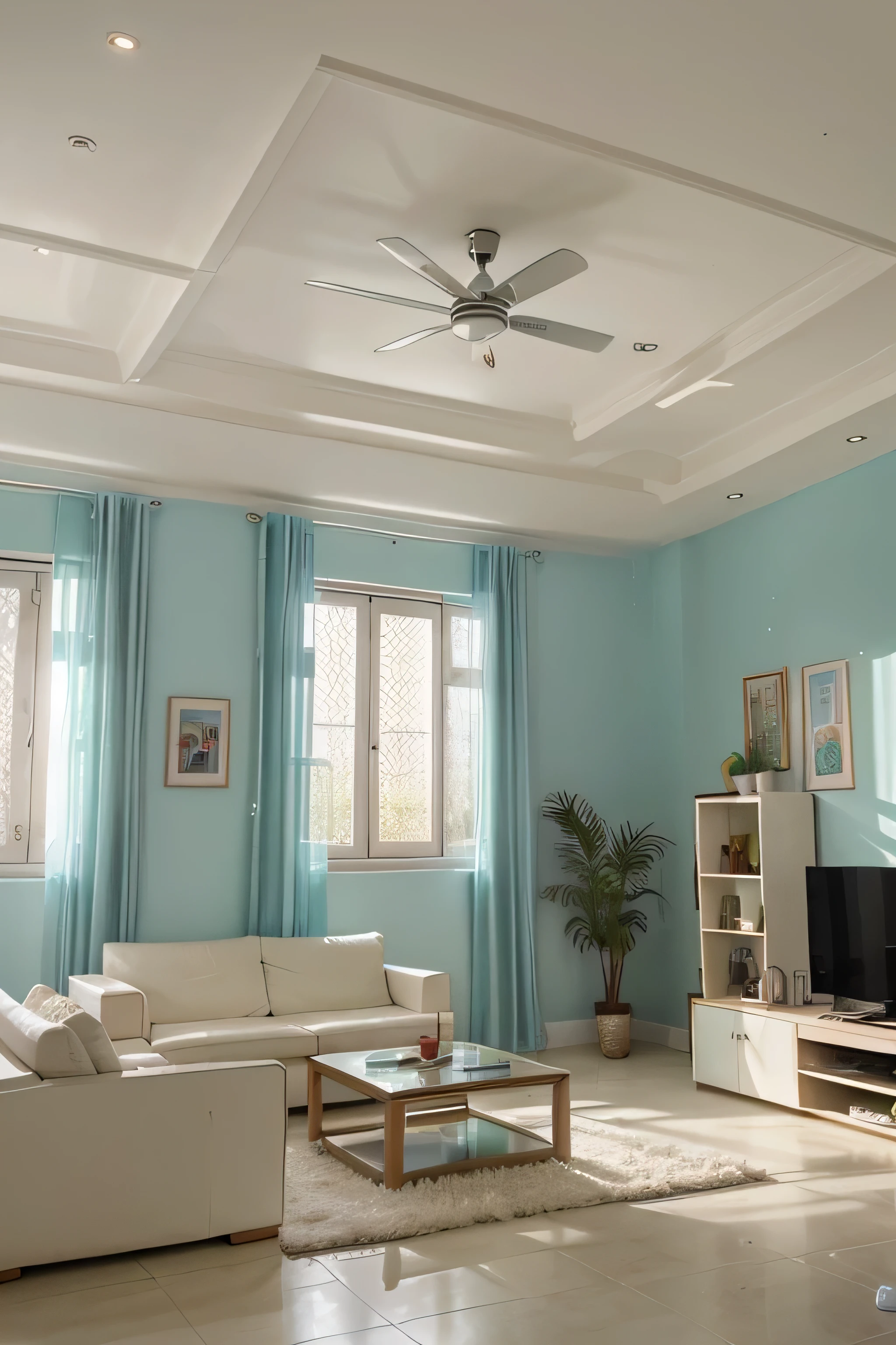 Create a middle class Indian home (flat) living room interior with very low hight white coloured roof and light teal coloured walls, frames on the walls, no windows. no vents at roof, square size image.