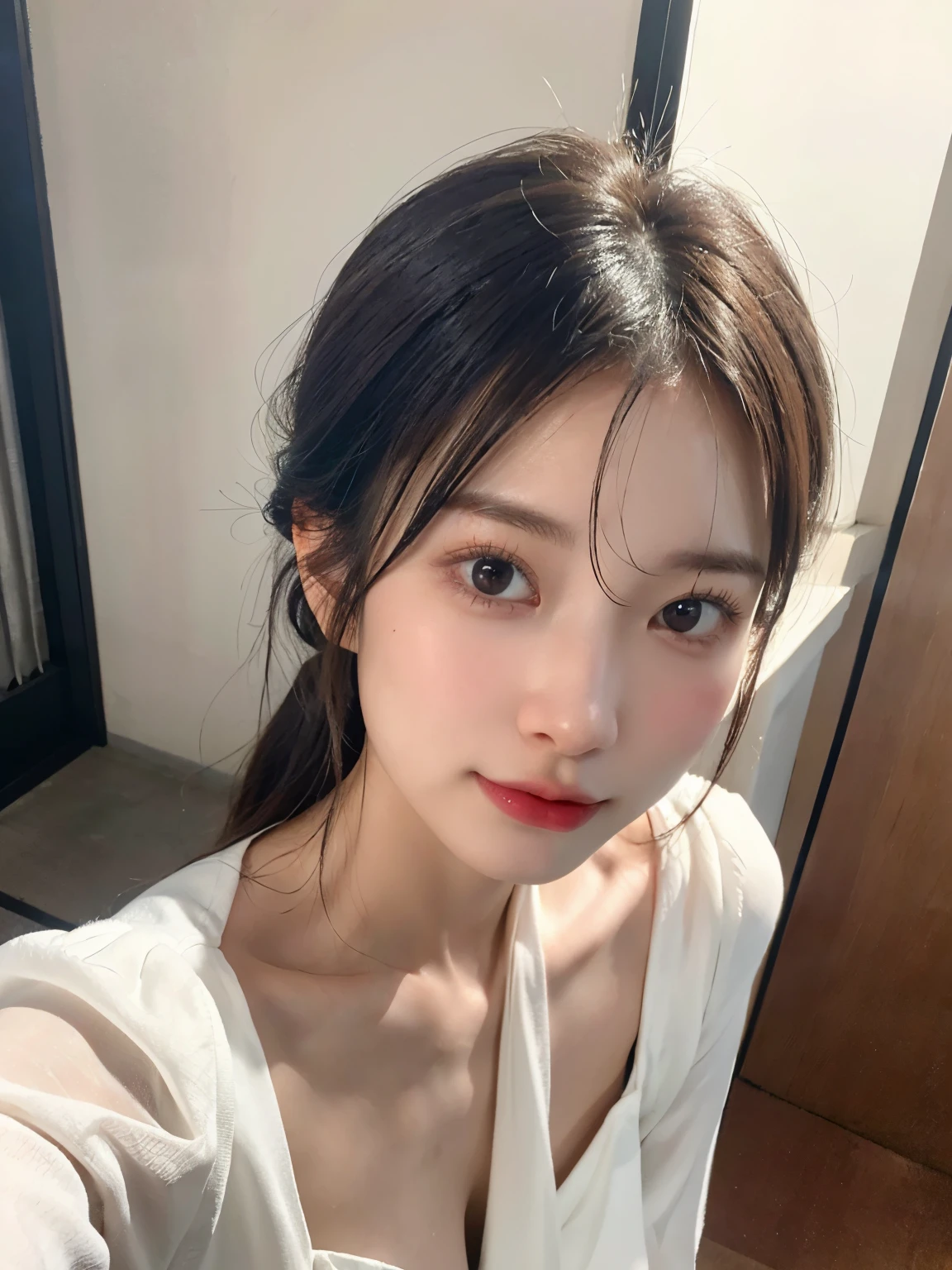 ((White tone、There are plants、House Studio))、((sexy white luxury dress)),((portrait shot)), (random sexy poses,),perfect dynamic composition, ((8K, born, masterpiece: 1.4)), , (natural sunlight), (soft shadow), (perfect body:1.4, slim abs:1.2), ((Japan hairstyles:1.4, big breasts:1.2)), Straight hair,,long hair, Super detailed face and skin, perfect asian, white skin, (fine skin:1.3),(latex skin:0.4), (perfect shiny skin:0.6), Shiramori Ai, 同僚の学born, 27 years old, Fashion Model, show cleavage, black hair, light brown eyes, beautiful eyes, round eyes, cute face, blushing face, natural lips,Moisturized lips, high nose bridge, glossy eyes, perfectly proportioned face, realistic moist skin, exquisite expression, minimalist、highest quality,masterpiece,ultra high resolution,(reality:1.4),Original photo,、Tyndall effect,light and Shadow,Shadow,Beautiful face in every detail、realistic human skin、gentle expression、realistic、Photoreal、commercial photograph,Full body shot,bird’s eye view
