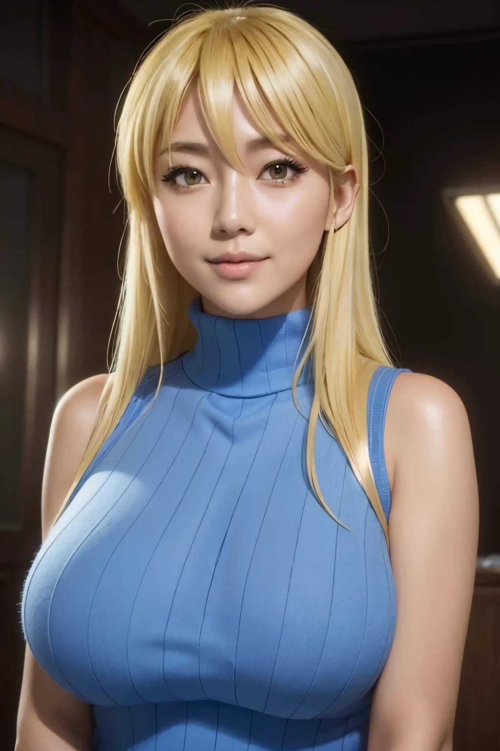 80's_jiaopian, 1girl, blonde hair, ((realistic)), ((photorealistic)),((high-res, masterpiece, best quality, cinema lighting)), masterpiece, best quality:1.2), upper body, solo, 1girl, smile, closed mouth, masterpiece, best quality, 4k, photograph, cinemtaic lighting, modelshoot, perfect lighting, perfect detailed face, professional photoshoot, seductive smile, wide hips, thick thighs, short female,(((huge breasts))),((((shizuka marikawa)))), blonde hair, blue turtle neck sweater, sleeveless, realistic,(((beautiful))),japanese female,((mature female 1.3))
