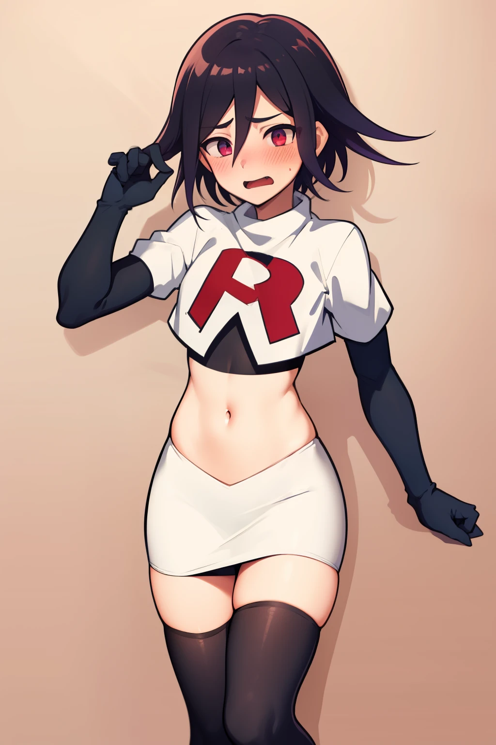 absurdres, cowboy shot, solo, male focus, trap, 1boy, crossdressing,1boy, oma kokichi, team rocket,team rocket uniform,white skirt,red letter R,crop top,black thigh-highs,black elbow gloves, embarrassed, blush