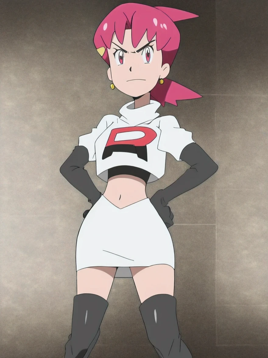 defwhitney, hair ornament ,glossy lips, earings ,team rocket uniform, red letter R, white skirt,white crop top,black thigh-high boots, black elbow gloves, closed mouth, evil smilemasterpiece, best quality, highres,team rocket uniform, red letter r, white skirt, white crop top, black thigh-high boots, black elbow gloves, glaring angrily, looking at viewer, hands on hips, full body seen, zettai ryouiki