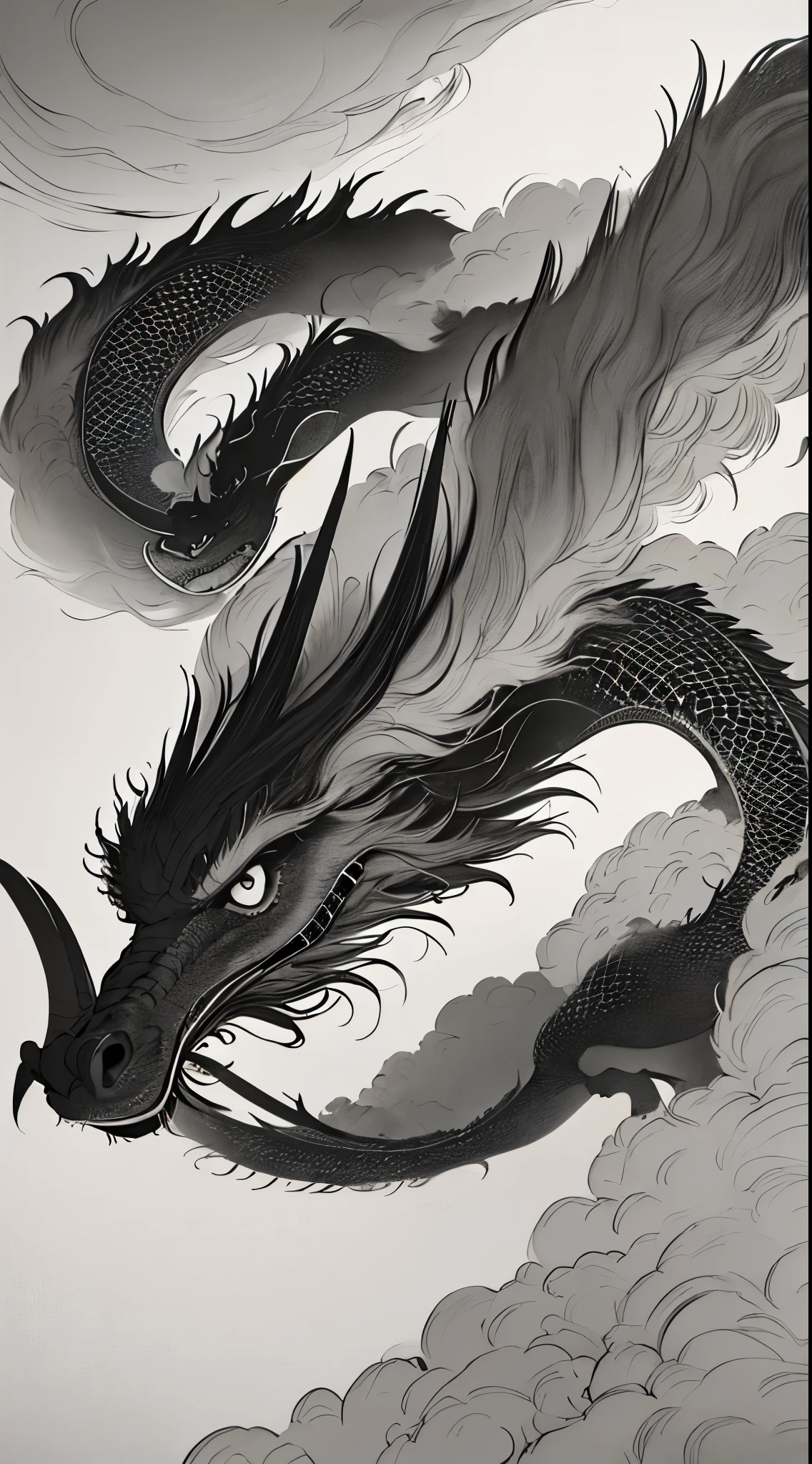 best quality,4k,8k,highres,masterpiece:1.2),ultra-detailed,(realistic,photorealistic,photo-realistic:1.37),ink painting,dragons,expressive,detailed eyes,detailed lips,claws,ethereal clouds, In this masterpiece, I want you to create a stunning ink painting of dragons. Each dragon should have expressive and intricate features, with attention given to their detailed eyes and lips. The dragons should possess powerful and sharp claws. The scene is set in a mystical atmosphere with ethereal clouds floating in the background, adding a sense of magic and mystery to the artwork. The focus of this artwork is to create a high-quality ink painting, capturing the essence of traditional Chinese art. The dragons should be portrayed with extreme detail and realism, giving them a lifelike appearance. The overall image should have vivid colors and smooth transitions, imitating the texture of ink on paper. To enhance the artistic style, please add a subtle color tone reminiscent of traditional Chinese ink paintings. Ideally, the lighting should be soft and diffused, casting gentle shadows to highlight the dragons and the clouds, creating a serene and dreamlike ambiance