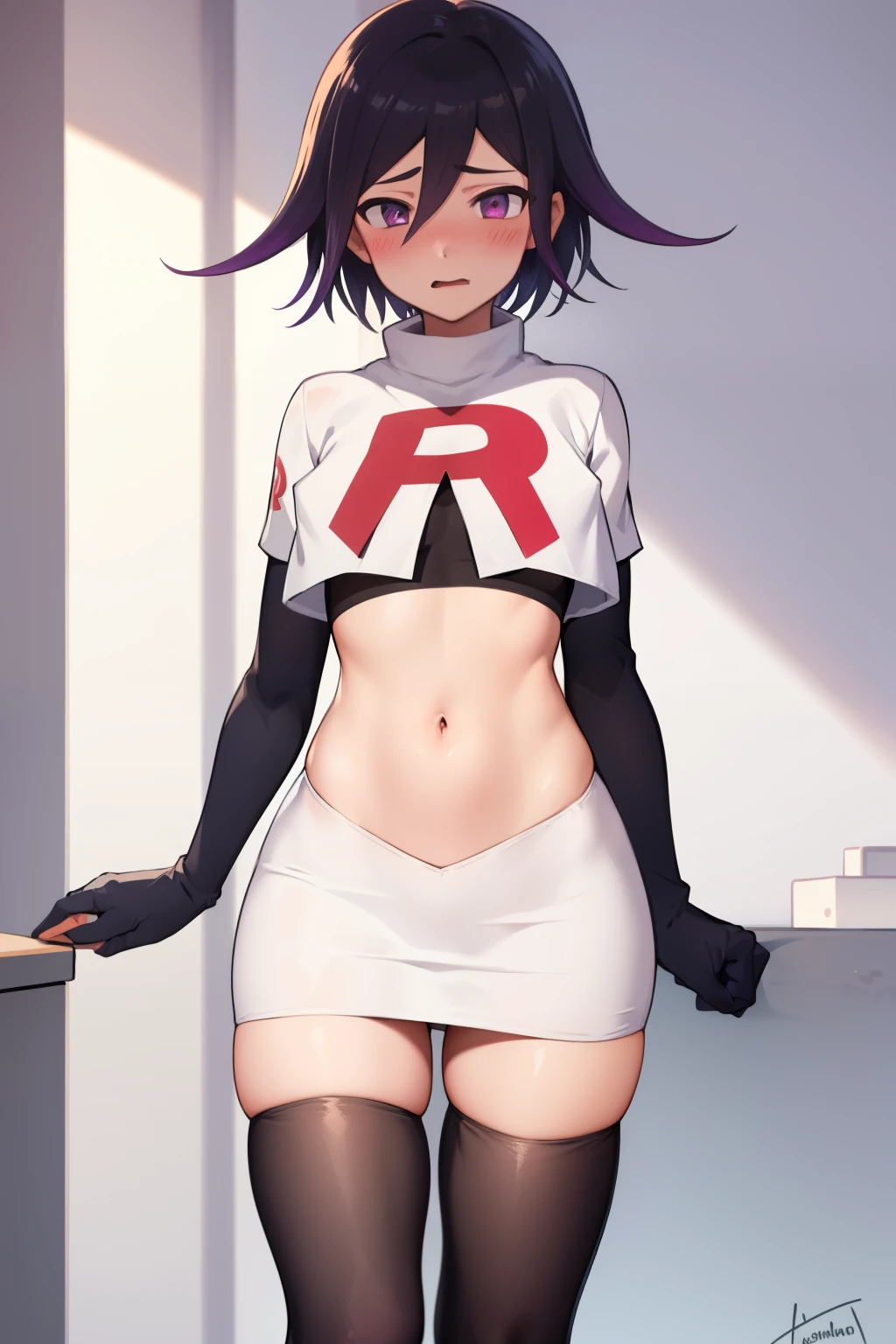 absurdres, cowboy shot, solo, male focus, trap, 1boy, crossdressing,1boy, oma kokichi, team rocket,team rocket uniform,white skirt,red letter R,crop top,black thigh-highs,black elbow gloves, embarrassed, blush