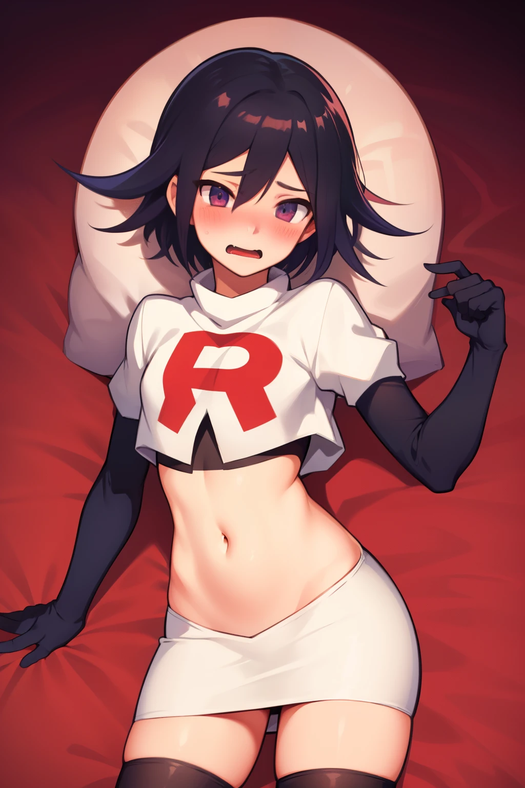 absurdres, cowboy shot, solo, male focus, trap, 1boy, crossdressing,1boy, oma kokichi, team rocket,team rocket uniform,white skirt,red letter R,crop top,black thigh-highs,black elbow gloves, embarrassed, blush