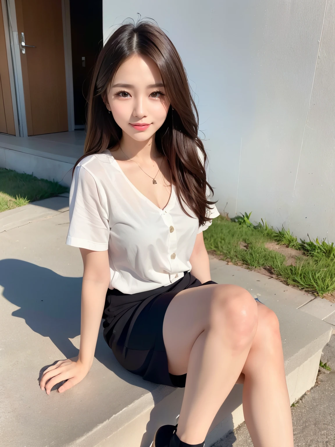 ((8k, RAW photos, top quality, masterpieces), high-definition RAW color photos professional close-up photos, (realistic, photorealism: 1.37), (highest quality), (best shadows), (best illustrations), ultra high resolution, high-definition CG unified 8K wallpapers, physically based rendering, movie lighting), 25 years old girl, (Wearing a stained color coat, white-shirts, brown pencil-skirt, a necklace、piercings), beautiful detail eyes, light on the face, ((full body shot: 1.2)), especially strong light, (upper eyes, grinning smile:1.2), shiny skin, (((dark brown hair, semi-long hair:1.2))), (thick thighs), shy, (flash:1.2), NSFW , (puffy), ((seductive posture: 1.2, attractive: 1.2)), (Sitting on a city street), ((good anatomy: 1.2)), ((bright and refreshing, background blurred: 1.2)), perfect face, cute face, (low angle shot:1.2), small breasts:1.2, small hip:1.2, Cross your arms, Pin highHeel Sandals,