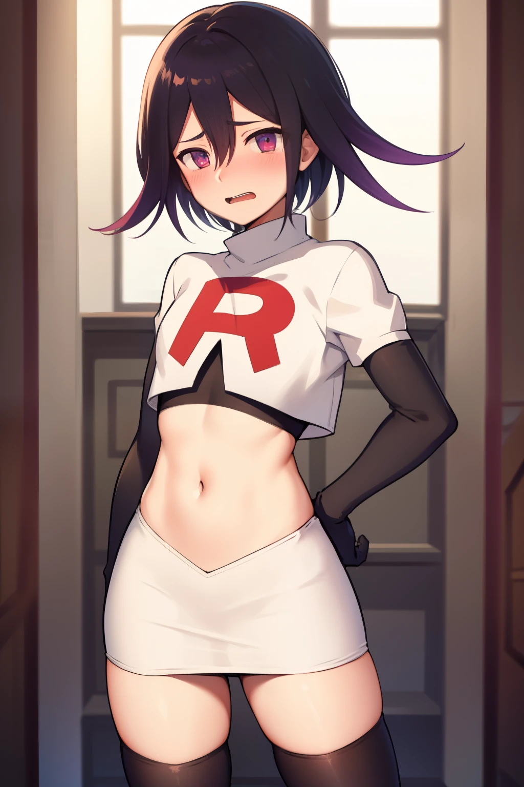 absurdres, cowboy shot, solo, male focus, trap, 1boy, crossdressing,1boy, oma kokichi, team rocket,team rocket uniform,white skirt,red letter R,crop top,black thigh-highs,black elbow gloves, embarrassed, blush