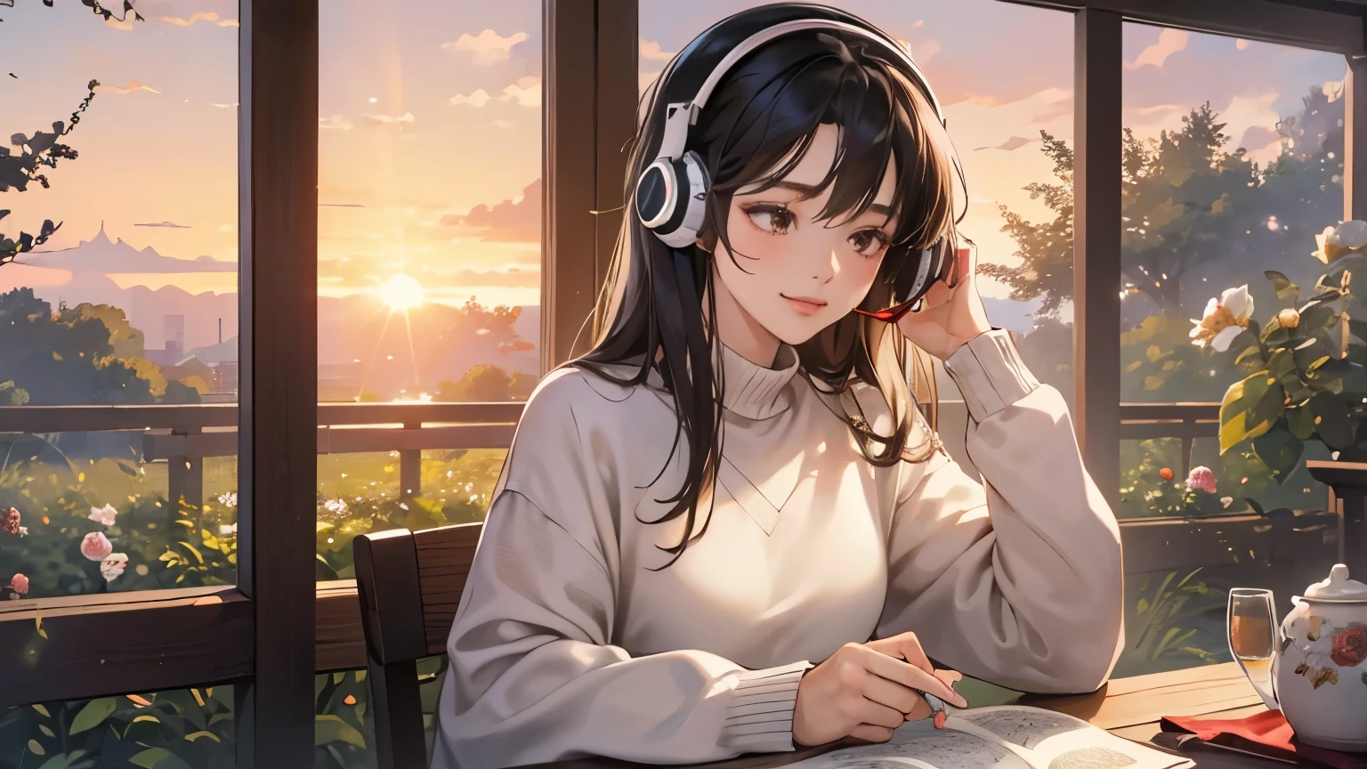 ((masterpiece)),(((bestquality))),((ultra-detailed)) realisticlying, 1 girl, korean woman, Beautiful, sit on the chair, wearing a sweater, Beautiful sunrice, solo, using headphones, The sky turns red at morning, Face smile, looking away, fowers, white rose flower, read a book, at Garden, outdoor.