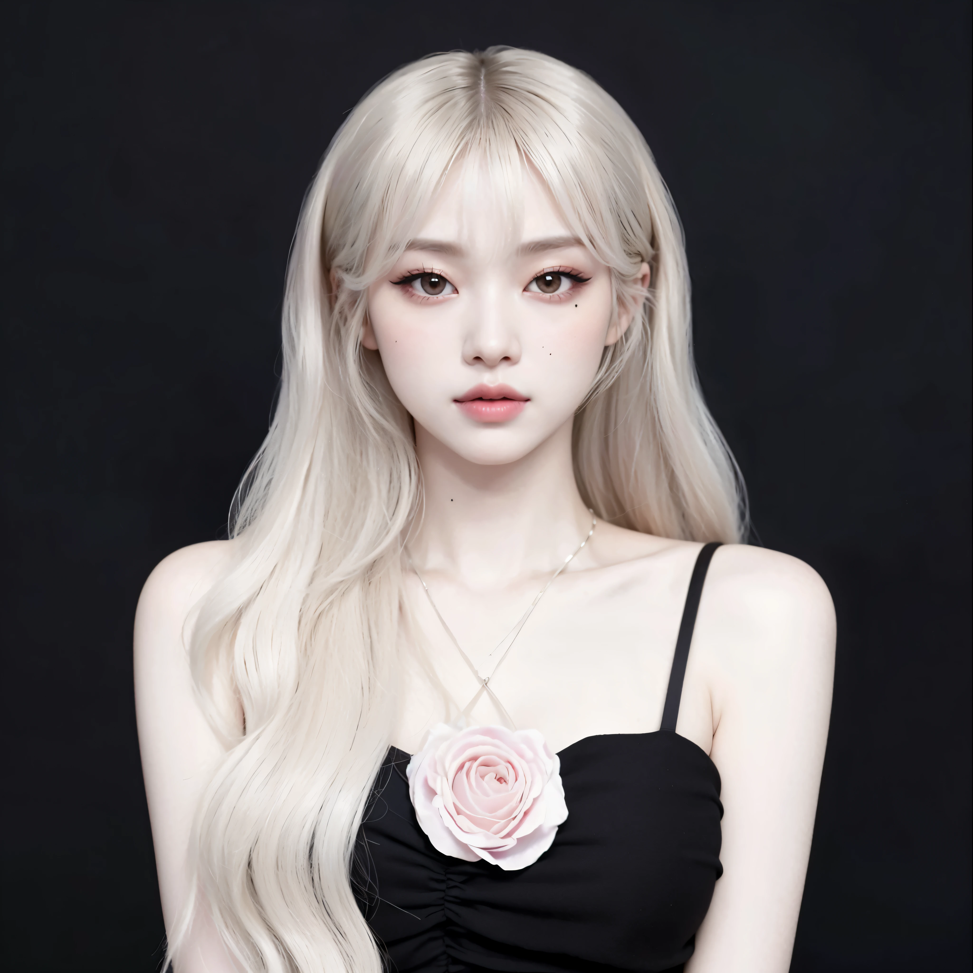 um close up de uma mulher com longos cabelos loiros usando um vestido preto, portrait of jossi do blackpink, penteado com corte hime branco, Ulzzang, her face looks like an orchid, Lalisa Manobal, pale porcelain white skin, jossi do blackpink, Lalisa Manoban do Blackpink, parque roseanne de blackpink, com cabelos longos brancos