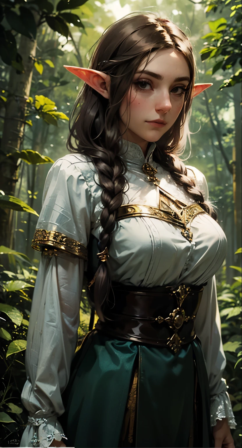 Female elf, long black hair, braided hair, brunette, round face, green and white clothes, in a forest, fantasy character