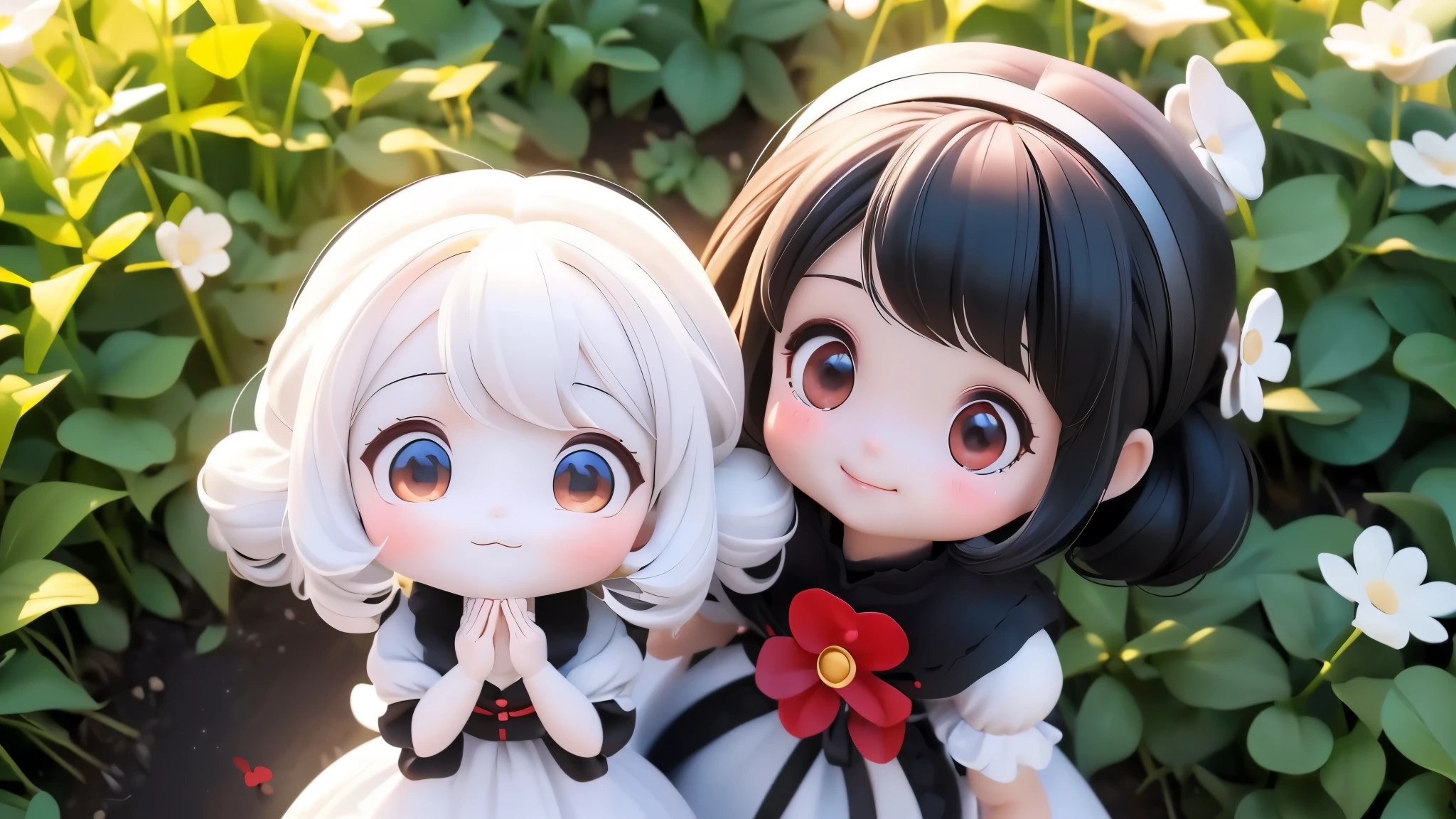 Photoreal、((Use white, black, and red))、doll、((dollの柔らかさを強調))、smile、eye up、In a cute pose、look up、look up、put your hands out in front of you、There are flowers in the front too...、wear cute shoes、season!!: summer ☀ 🍂