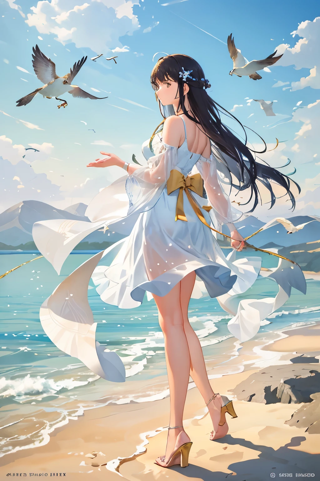 Masterpiece, serene scene, a white river flowing through a vast desert, sun setting over the horizon, blue sky adorned with gentle clouds. Realistic and Ultra-detailed rendering, golden sand reflecting on the crystal-clear water, shimmering under the warm sunlight. The sun casts long, dynamic shadows along the riverbank, highlighting every textured grain of sand. 8k resolution, sharp focus capturing each intricate detail, bringing the arid landscape to life. (Birds in flight: 1.2) giving a sense of quiet solitude and tranquility.