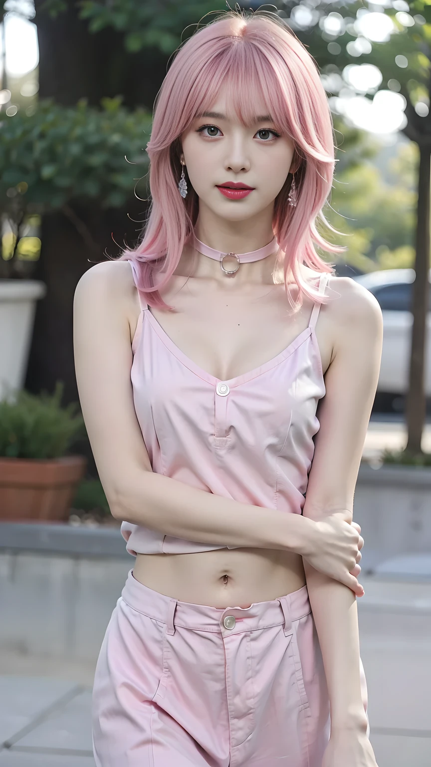 girl, goblin,light pink bikini, smile of joy，beautiful and moving，smile，（buttocks），dance、flat bust、pointy ears、thin arms、thin waist、slender upper body、thin thighs、thin lower body、cowboy shot、milky white skin、pink hair、、Very short twin tails