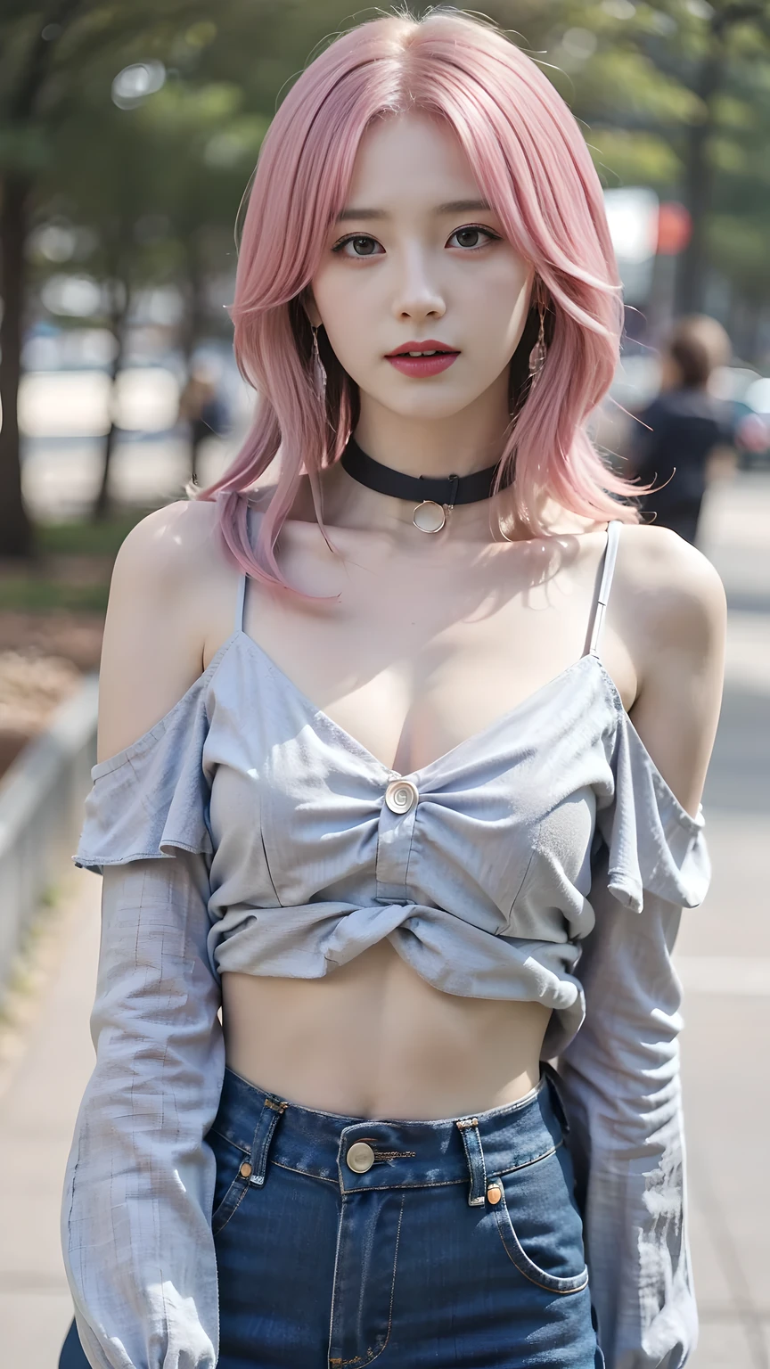 best quality, natural lighting, masterpiece, 1 girl, perfect beautiful face, (photo photo:1.3), edge lighting, photography lighting, (high detail skin:1.2), 8k ultra hd, DSLR, high quality, high resolution, white skin, detailed textured skin, 3/4 body in frame, sexy posing, poker face, close-lip, perfect propotion face, symetric face, eye level shot, 4k, 8k, bokeh, absurd, best ratio four fingers and one thumb, (realistic:1.3), beautiful detailed girl, cute 1girl, pink hair, long hair, bangs, volume hairs, collosal-breast, full looking breast, projecting breast, slim waist, slender, small thighs, perfectly proportion, outdoor background, detailed background, trees, clouds, makeup, choker, earrings, light pink hair, blue and pink eyes, March 7th, sleeveless cosplay, sleeveless, white spaghetti strap tank top, bare arms, bare shoulder, flashing stomach