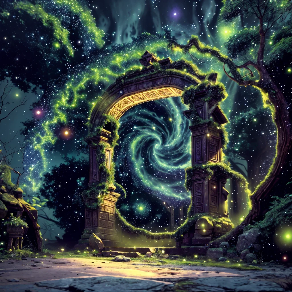 (best quality,4k,8k,highres,masterpiece:1.2),ultra-detailed,realistic, vivid colors,bokeh,ancient gateway of time and space, mystical atmosphere, crumbling stone structure, overgrown with ivy and moss, ethereal light shining through, mysterious symbols carved on the gate, swirling vortex beyond the gate, celestial bodies in the background, ancient relics scattered around, forgotten whispers of the past, time-worn textures, a sense of wonder and discovery, otherworldly landscapes, a bridge between dimensions, a portal to the unknown, a glimpse into the secrets of the universe