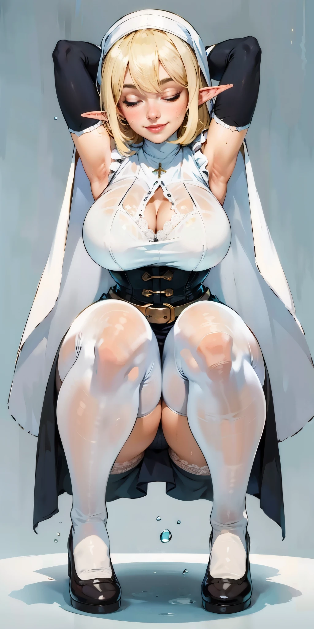 full body symmetrical, FEMALE, big belt around waist, , busty, pretce, thick body, blonde hair, eyes closed, smile, squat, M legs, exposed armpits hands behind head, masterpiece, super mass, 4k quality, high detail, elf mother, black nun dress, wuqubbai corset, tights, lace panties, cleavage tights, wet clothes, see-through, add_detail:1.5