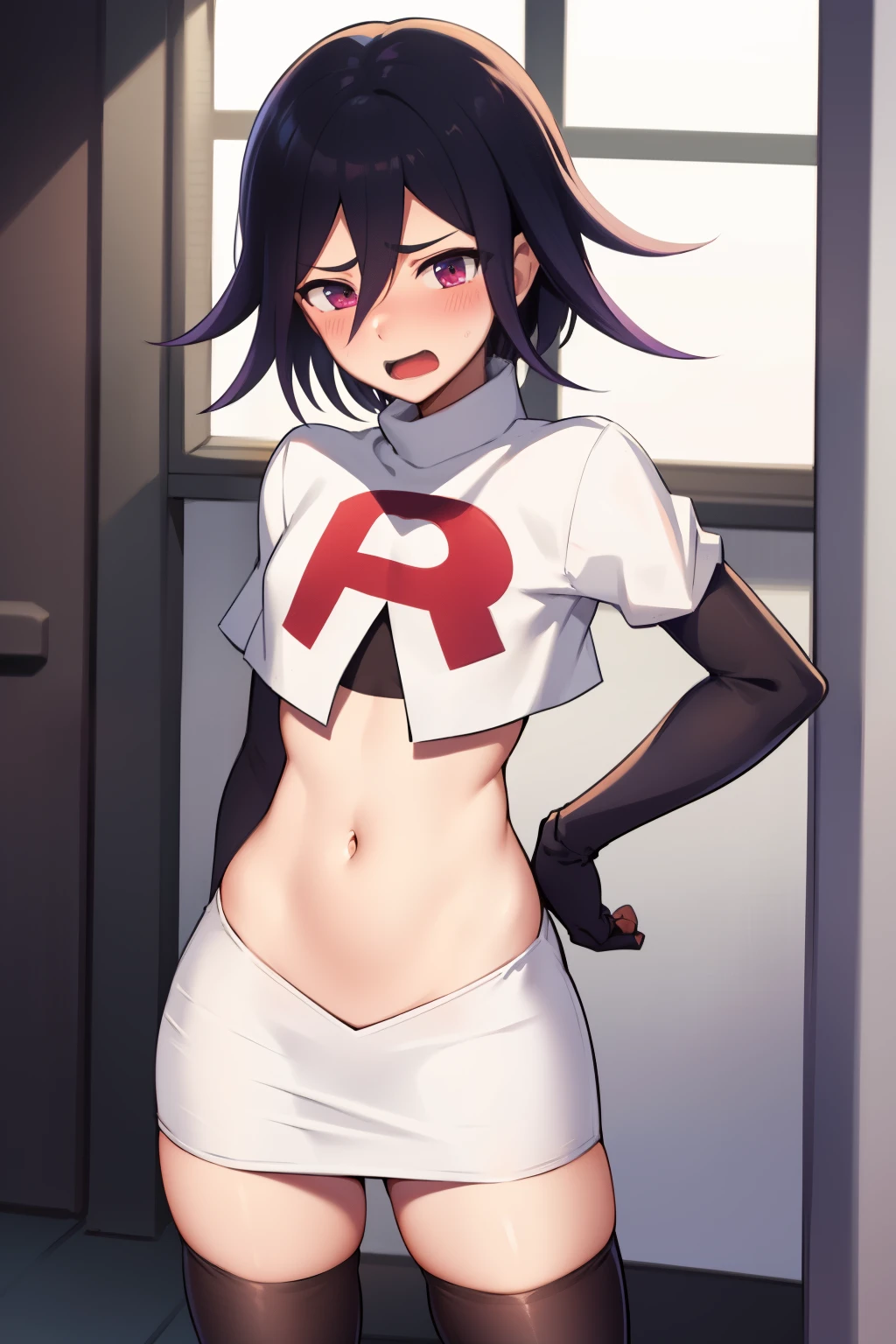 absurdres, cowboy shot, solo, male focus, trap, 1boy, crossdressing,1boy, oma kokichi, team rocket,team rocket uniform,white skirt,red letter R,crop top,black thigh-highs,black elbow gloves, embarrassed, blush