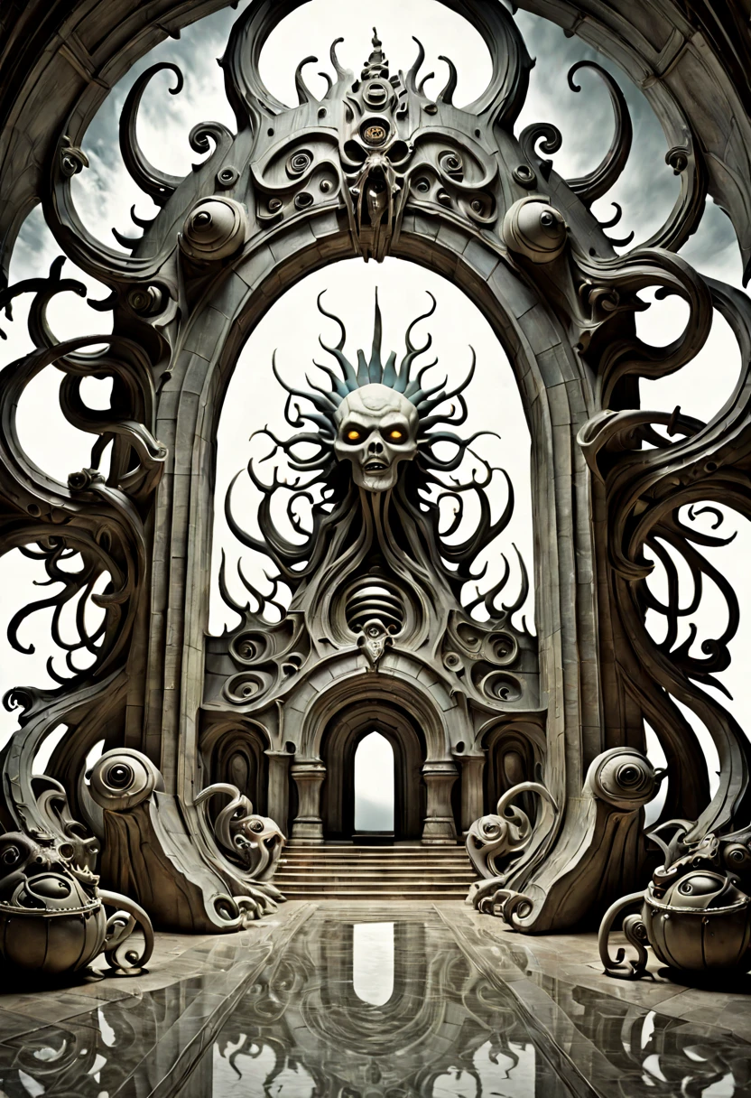 Capture the enigmatic allure of a forgotten gateway that transcends time and space. Emphasize its (mysterious:1.3) presence, (weathered:1.2) architecture, and (intricate:1.1) carvings. Surround it with an otherworldly landscape, (shimmering:1.2) celestial bodies, and (whispering:1.1) echoes. Inspired by the works of (Salvador Dali:1.4) and (H.R. Giger:1.3).