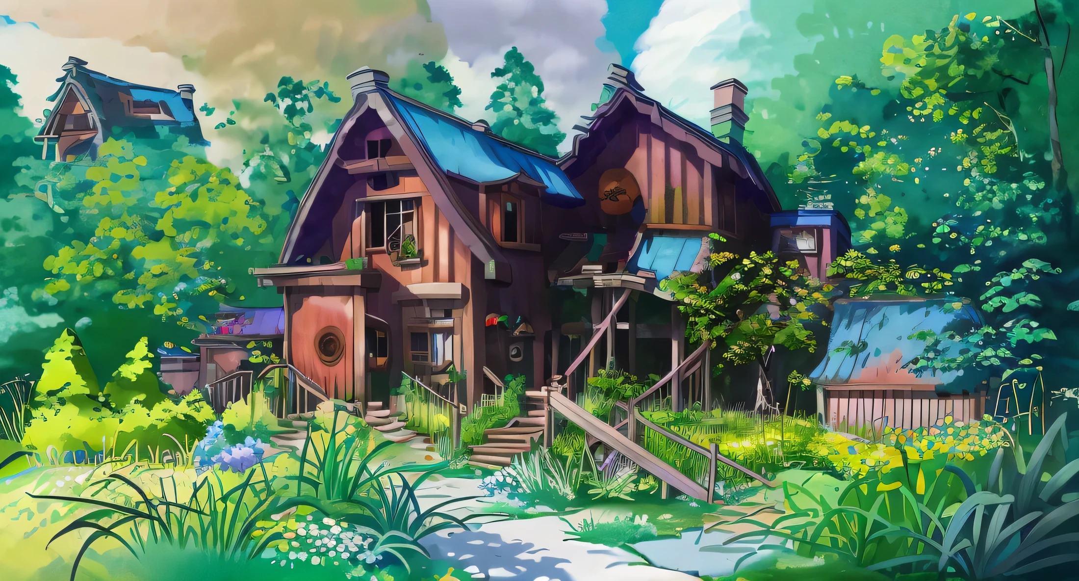 painting of a house with a green roof and garden, Studio Ghibli smooth concept art, Studio Ghibli environment, Studio Ghibli concept art, ghibli studio art, hayao miyazaki&#39;Style, Studio Ghibli scheme, by Miyazaki, style of Studio Ghibli, ghibli studio style, Studio Ghibli & james gurney, ghibli studio, cinematic Studio Ghibli still