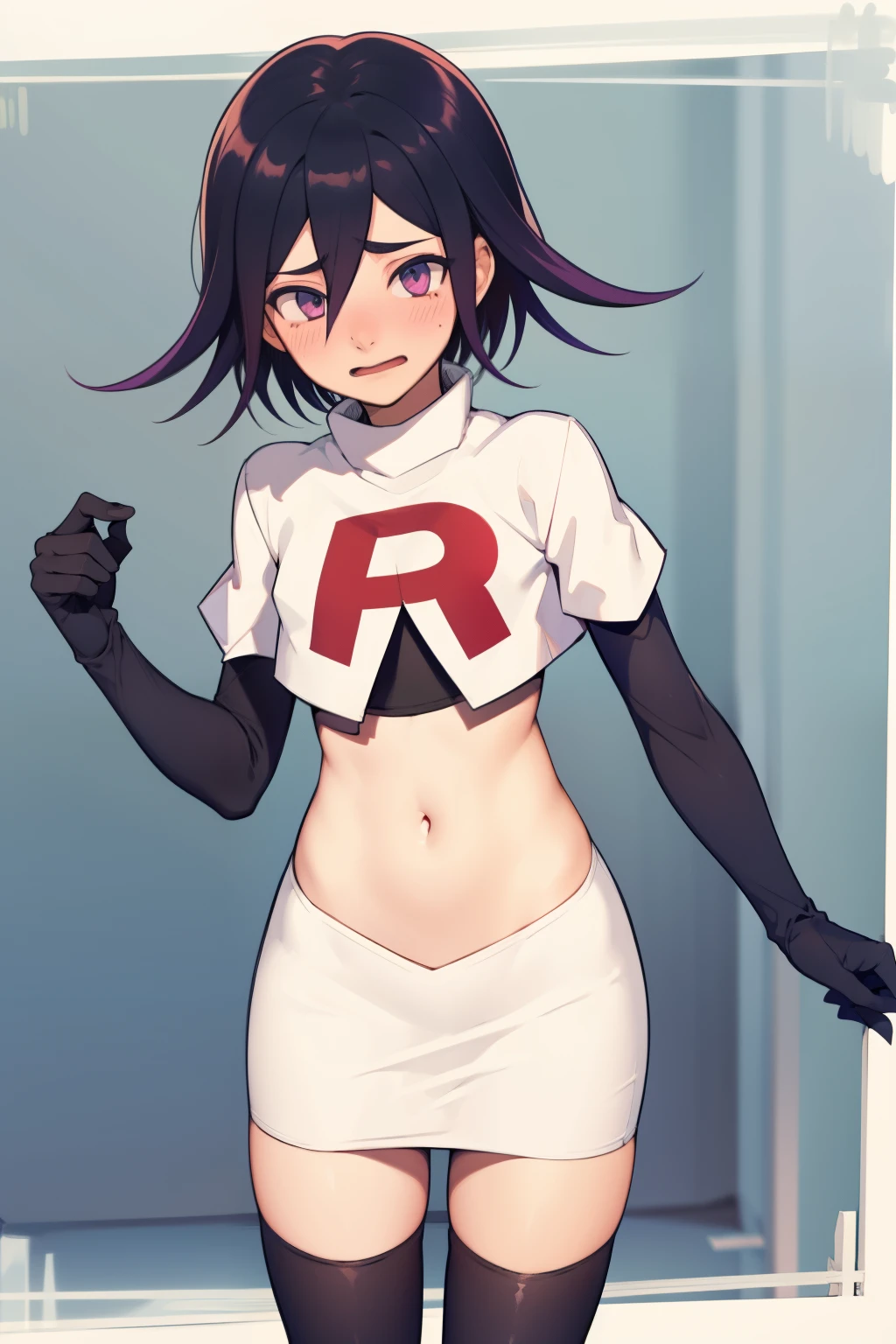 absurdres, cowboy shot, solo, male focus, trap, 1boy, crossdressing,1boy, oma kokichi, team rocket,team rocket uniform,white skirt,red letter R,crop top,black thigh-highs,black elbow gloves, embarrassed, blush