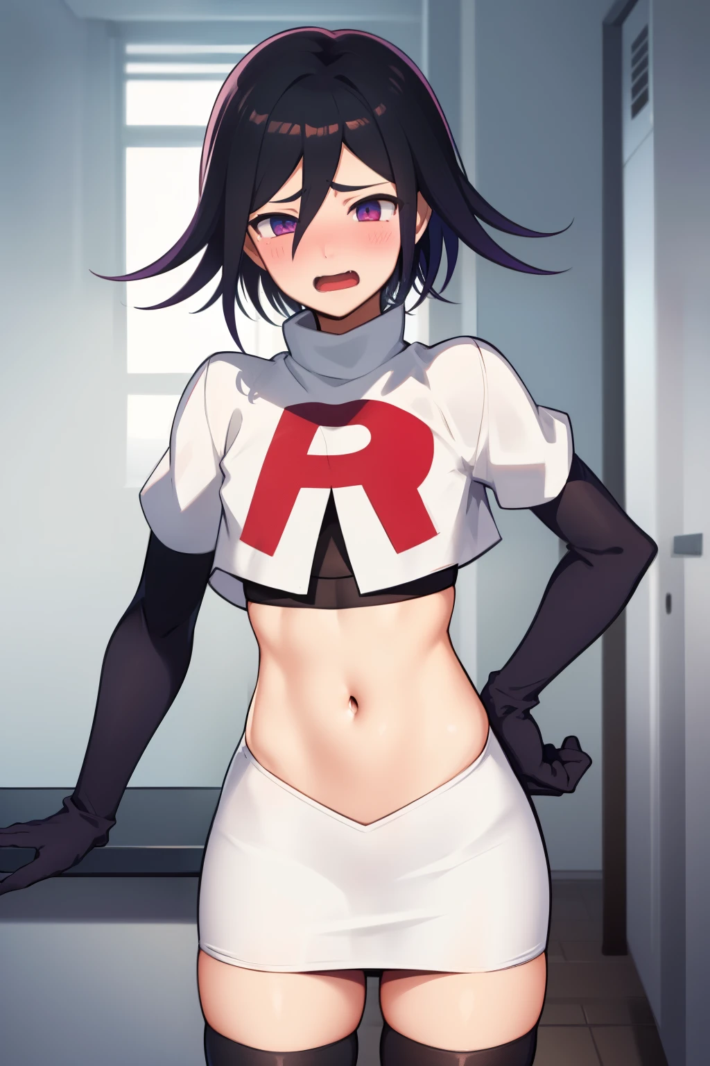 absurdres, cowboy shot, solo, male focus, trap, 1boy, crossdressing,1boy, oma kokichi, team rocket,team rocket uniform,white skirt,red letter R,crop top,black thigh-highs,black elbow gloves, embarrassed, blush
