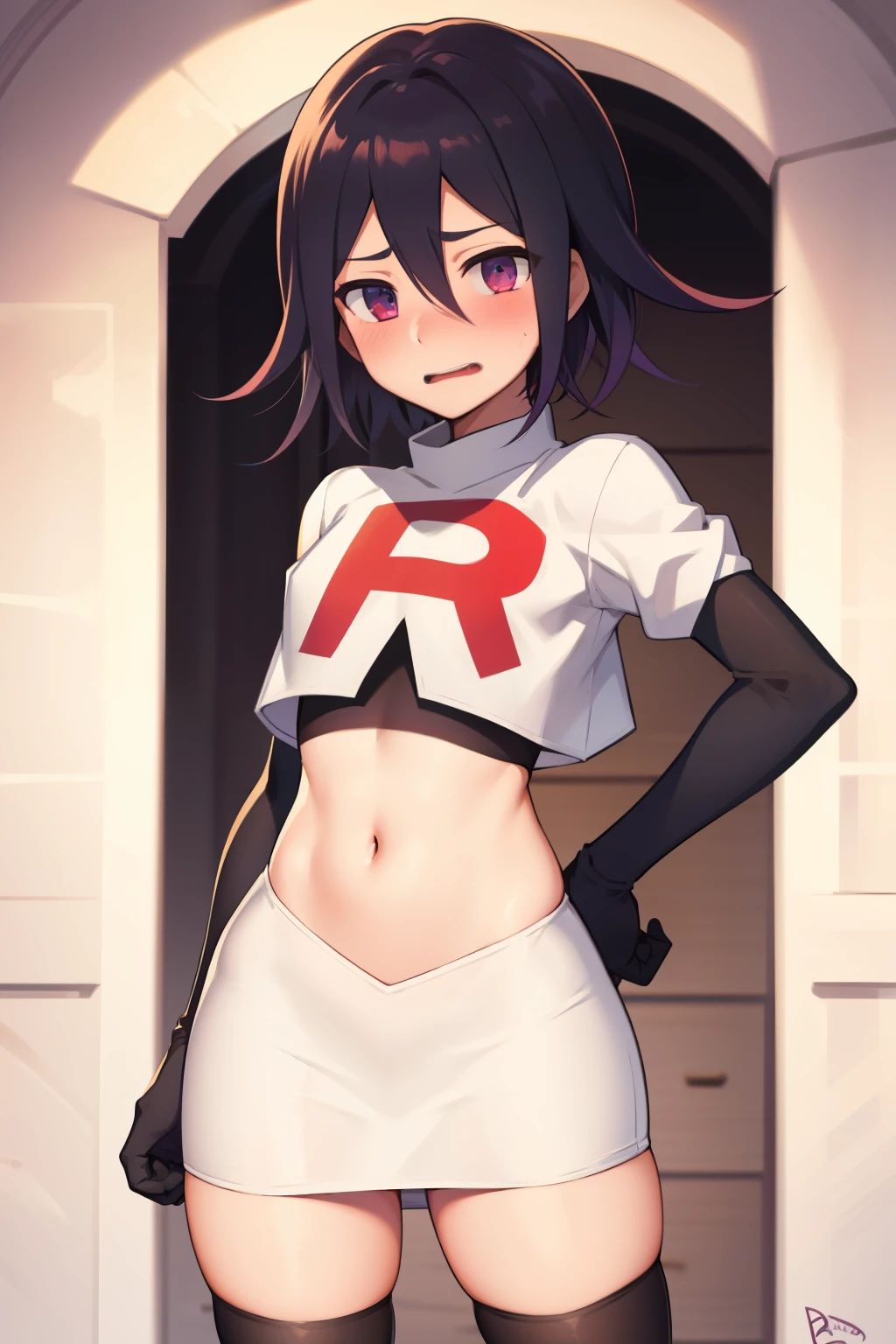 absurdres, cowboy shot, solo, male focus, trap, 1boy, crossdressing,1boy, oma kokichi, team rocket,team rocket uniform,white skirt,red letter R,crop top,black thigh-highs,black elbow gloves, embarrassed, blush