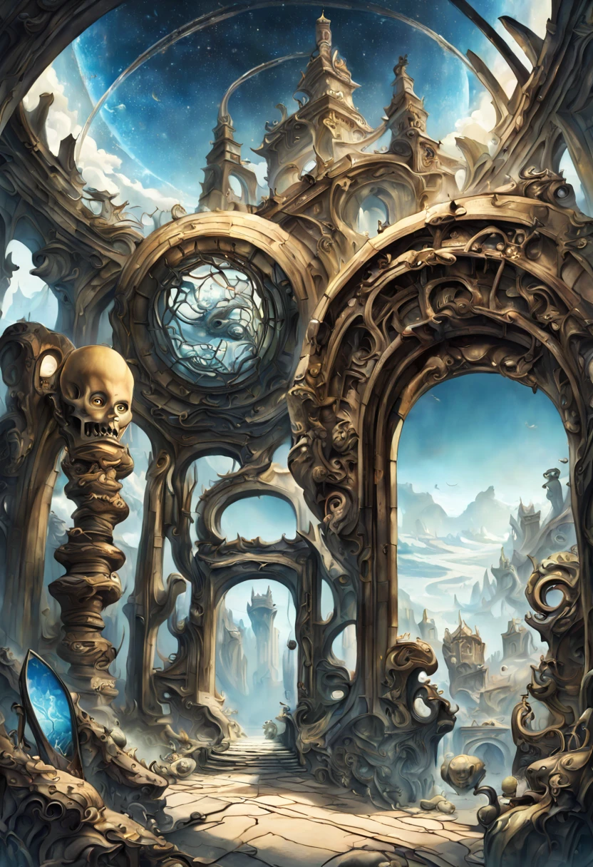 Capture the enigmatic allure of a forgotten gateway that transcends time and space. Emphasize its (mysterious:1.3) presence, (weathered:1.2) architecture, and (intricate:1.1) carvings. Surround it with an otherworldly landscape, (shimmering:1.2) celestial bodies, and (whispering:1.1) echoes. Inspired by the works of (Salvador Dali:1.4) and (H.R. Giger:1.3).
