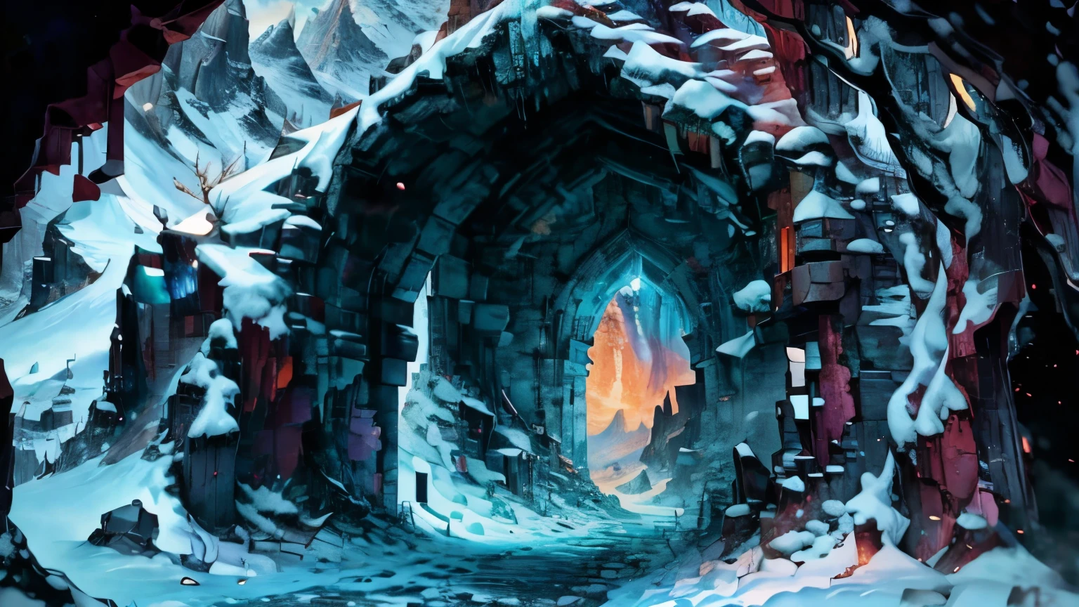 best quality,4k,8k,highres,masterpiece:1.2,ultra-detailed,realistic:1.37,mountain range,peak of mountain,snowed landscape,ruined, portal leading to desert landscape,see through,portal,magic,portraits,landscape,vivid colors,physically-based rendering,studio lighting,horror,sharp focus,ultra-fine painting,bokeh