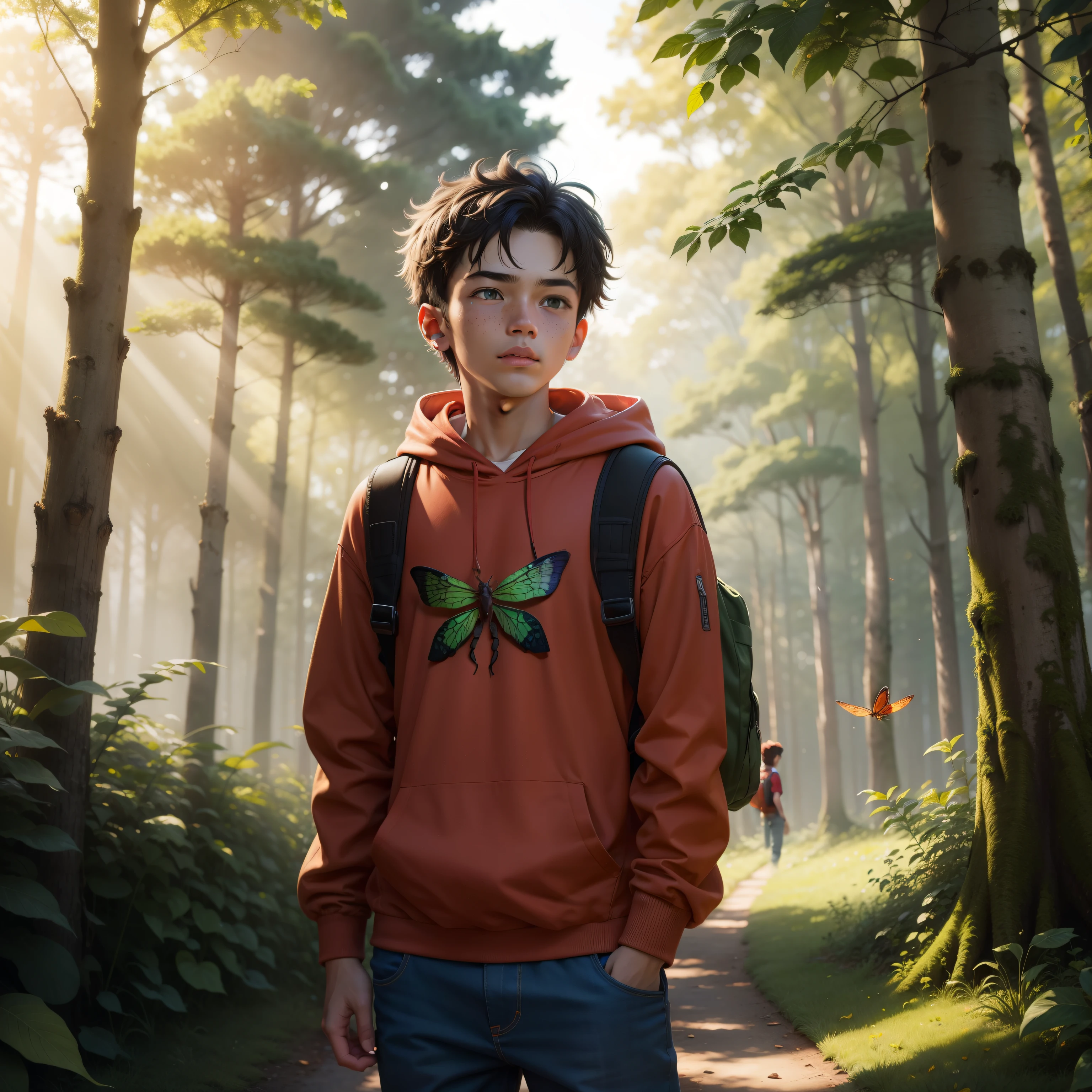 Arafed boy in a red hoodie standing in a forest - SeaArt AI